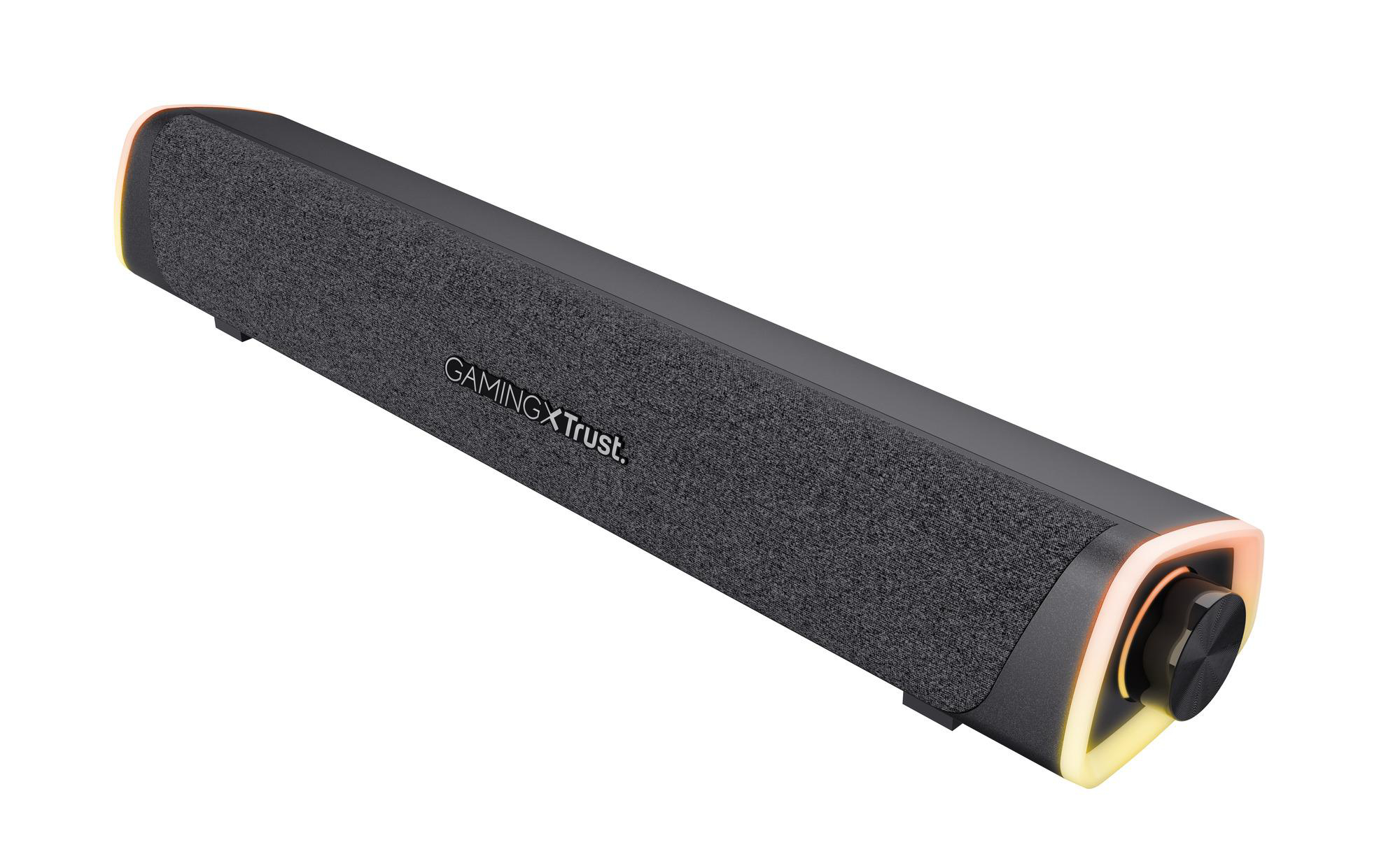 Schwarze Gaming-Soundbar mit Stoffbespannung, RGB-Beleuchtung und seitlichem Lautstärkeregler auf weißem Grund.