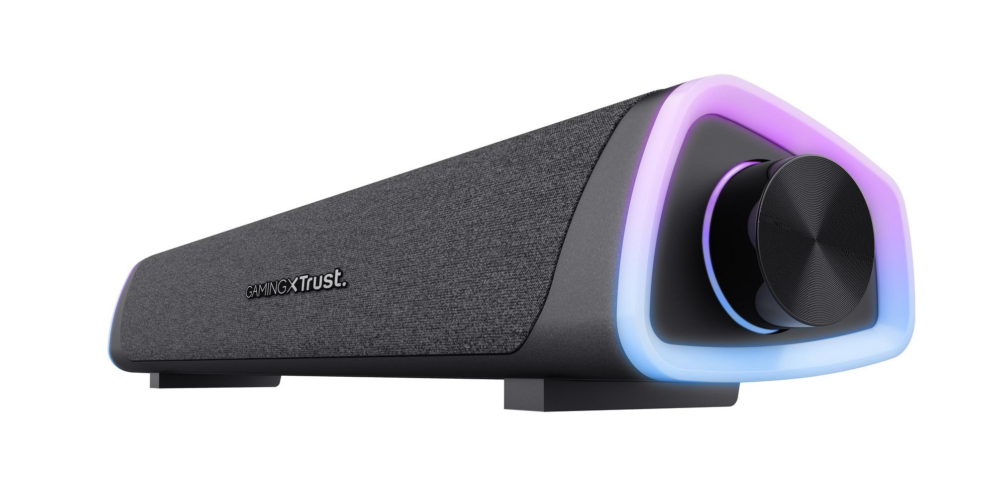 Eine schwarze Gaming-Soundbar mit grauem Stoffbezug, RGB-Beleuchtung und einem großen Lautstärkeregler an der Seite.
