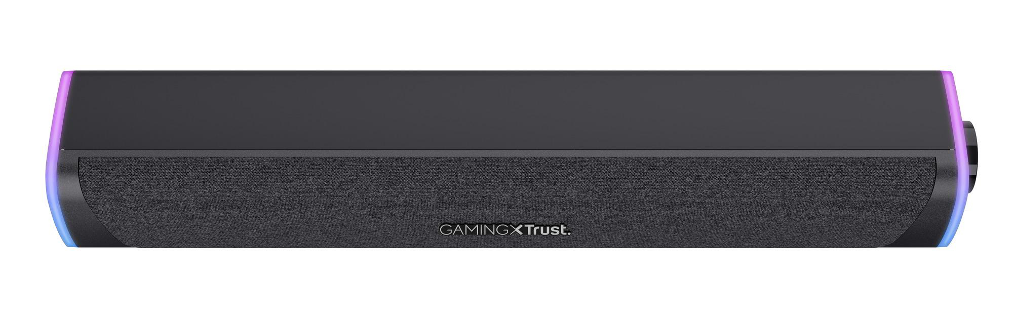 Schwarze Gaming-Soundbar mit Stoffbespannung und violettem Licht an den Seiten auf weißem Hintergrund.