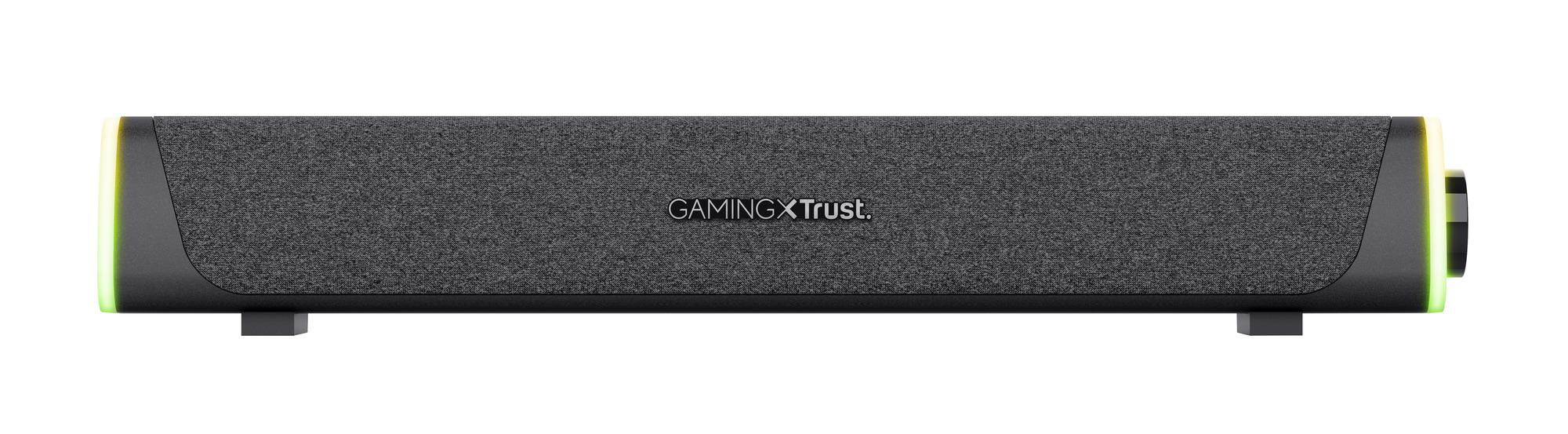 Schwarze Gaming-Soundbar mit grauem Stoffbezug, RGB-Beleuchtung an den Seiten und weißem Logo.