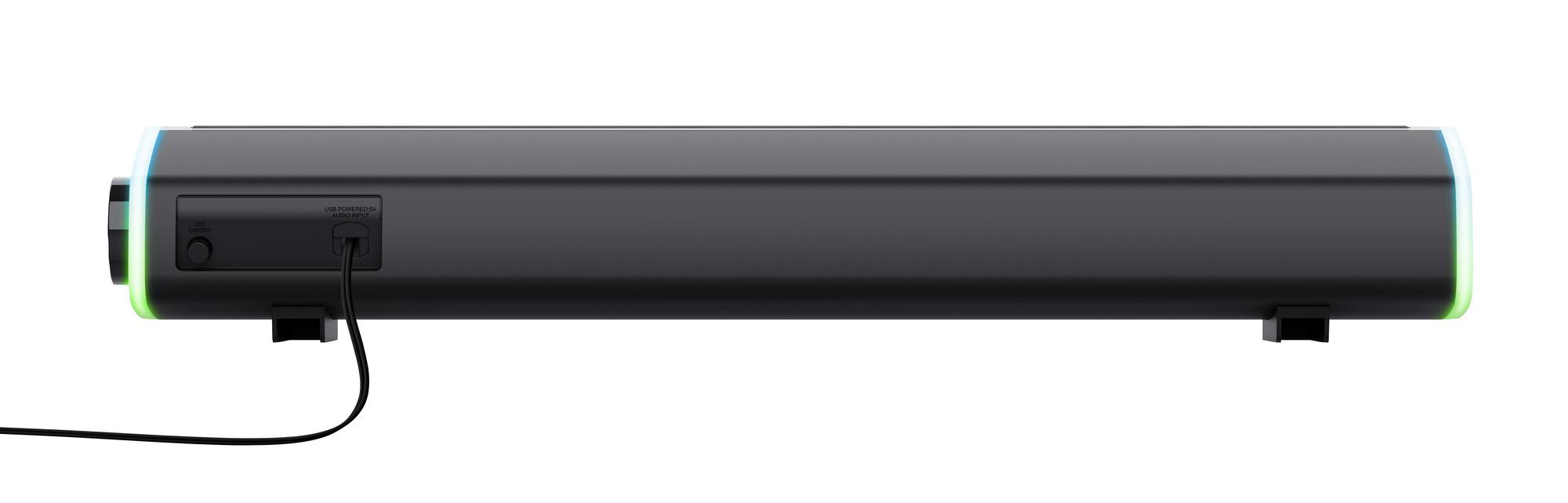Schwarze Soundbar mit LED-Beleuchtung an den Seiten und angeschlossenem Kabel vor weißem Hintergrund.