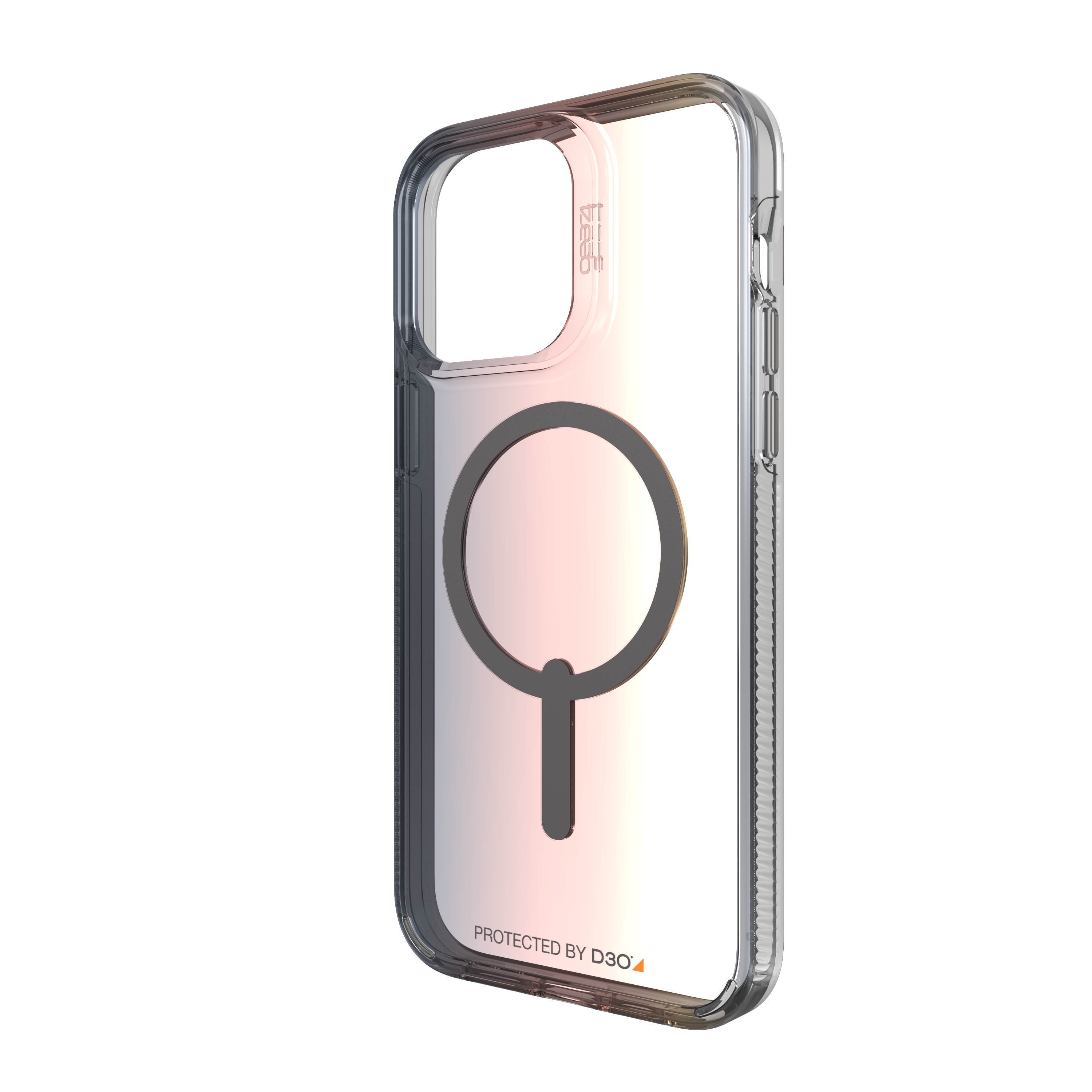 Transparente Handyhülle mit Magnetring und Farbverlauf, isoliert auf Weiß.