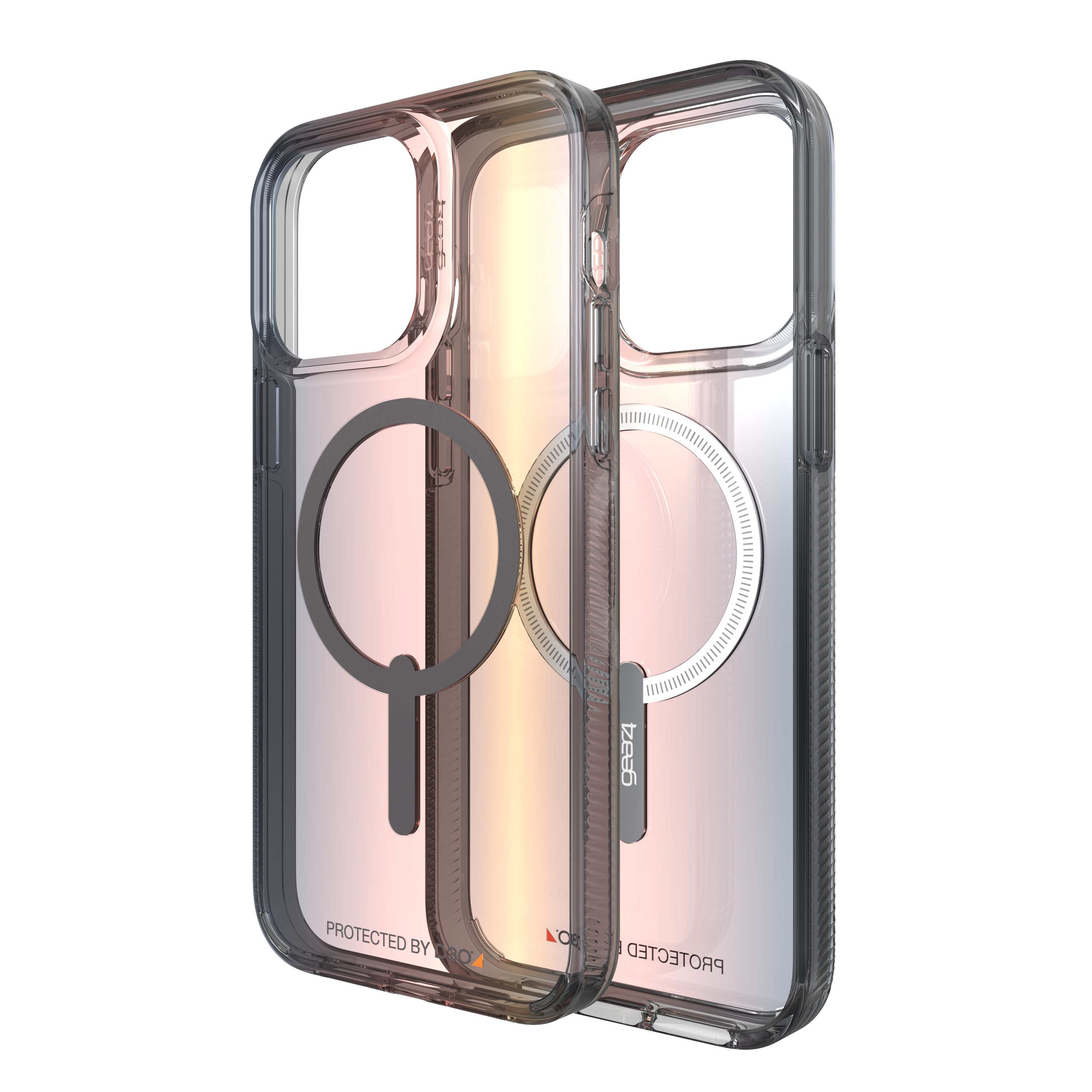Zwei transparente Handyhüllen mit schwarzem, kreisförmigem Design. Schutzhülle.