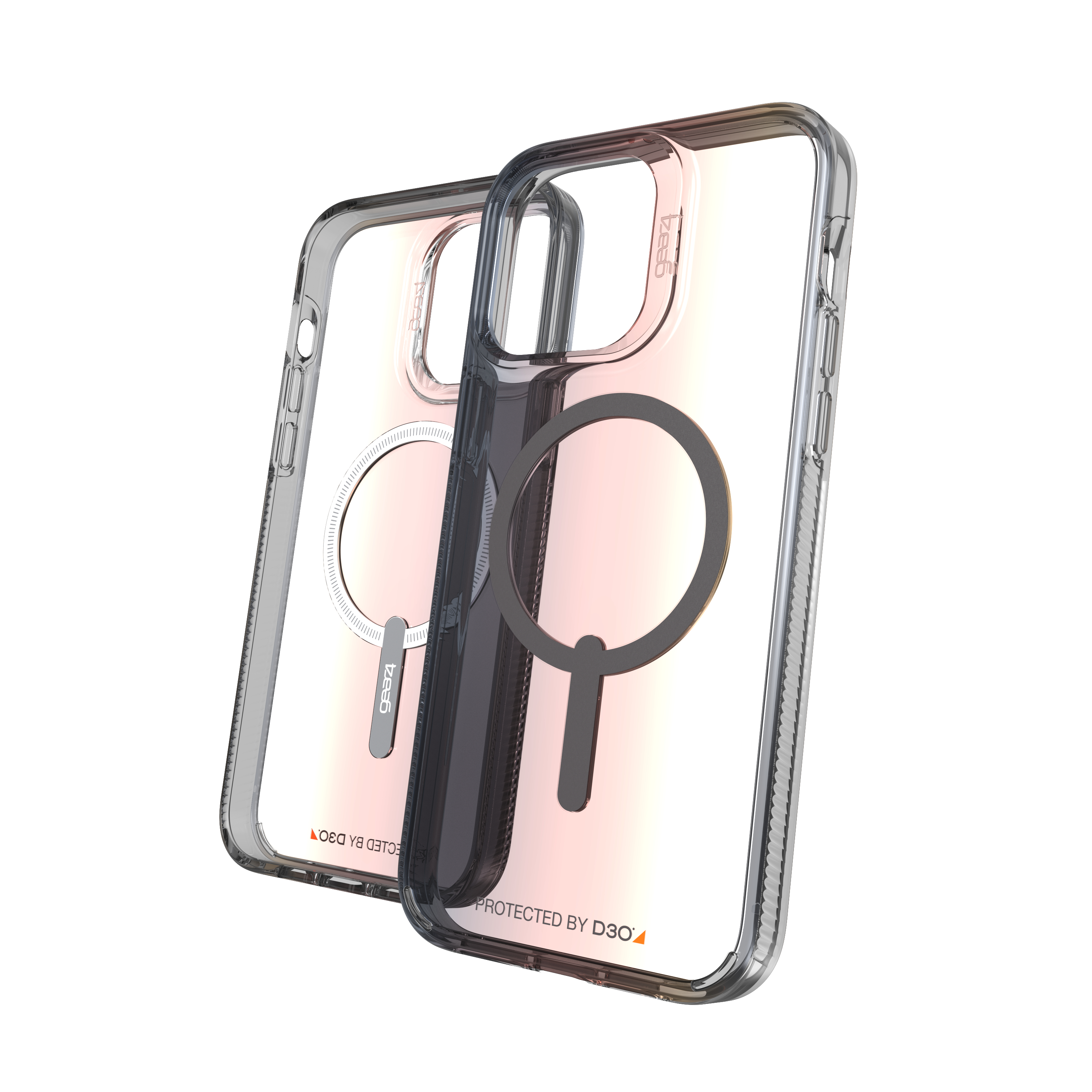 Zwei transparente Handyhüllen, eine mit schwarzem Kreis.