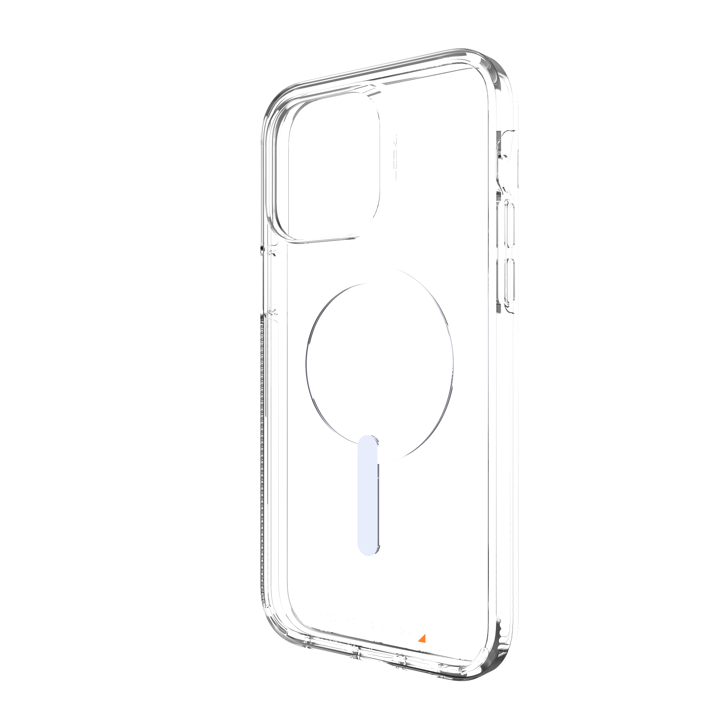 Eine transparente iPhone-Hülle mit weißem Hintergrund. Die Hülle hat einen Magnetring.