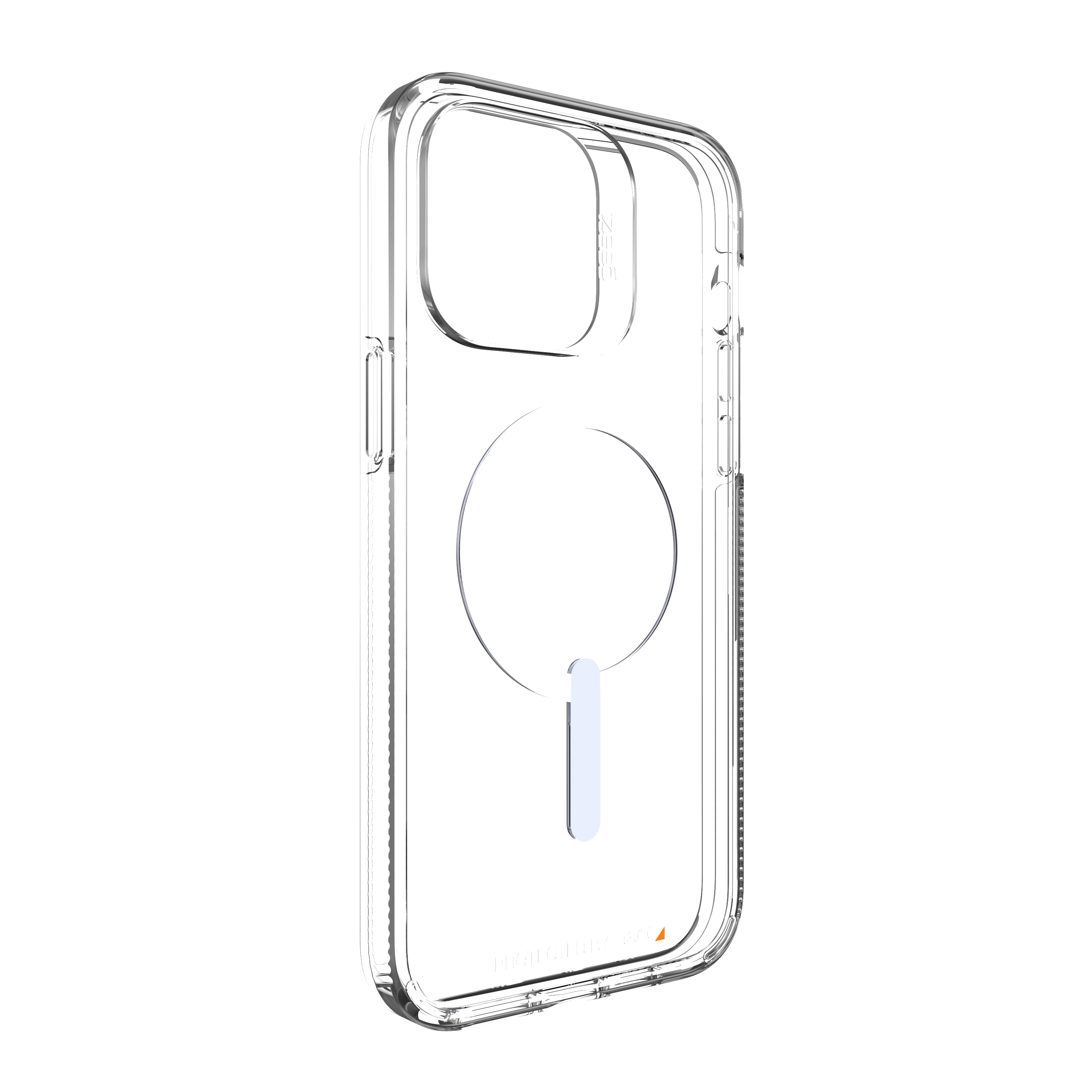 Eine transparente Handyhülle. Es hat eine transparente Rückseite mit einem Kreis- und Balkendesign.