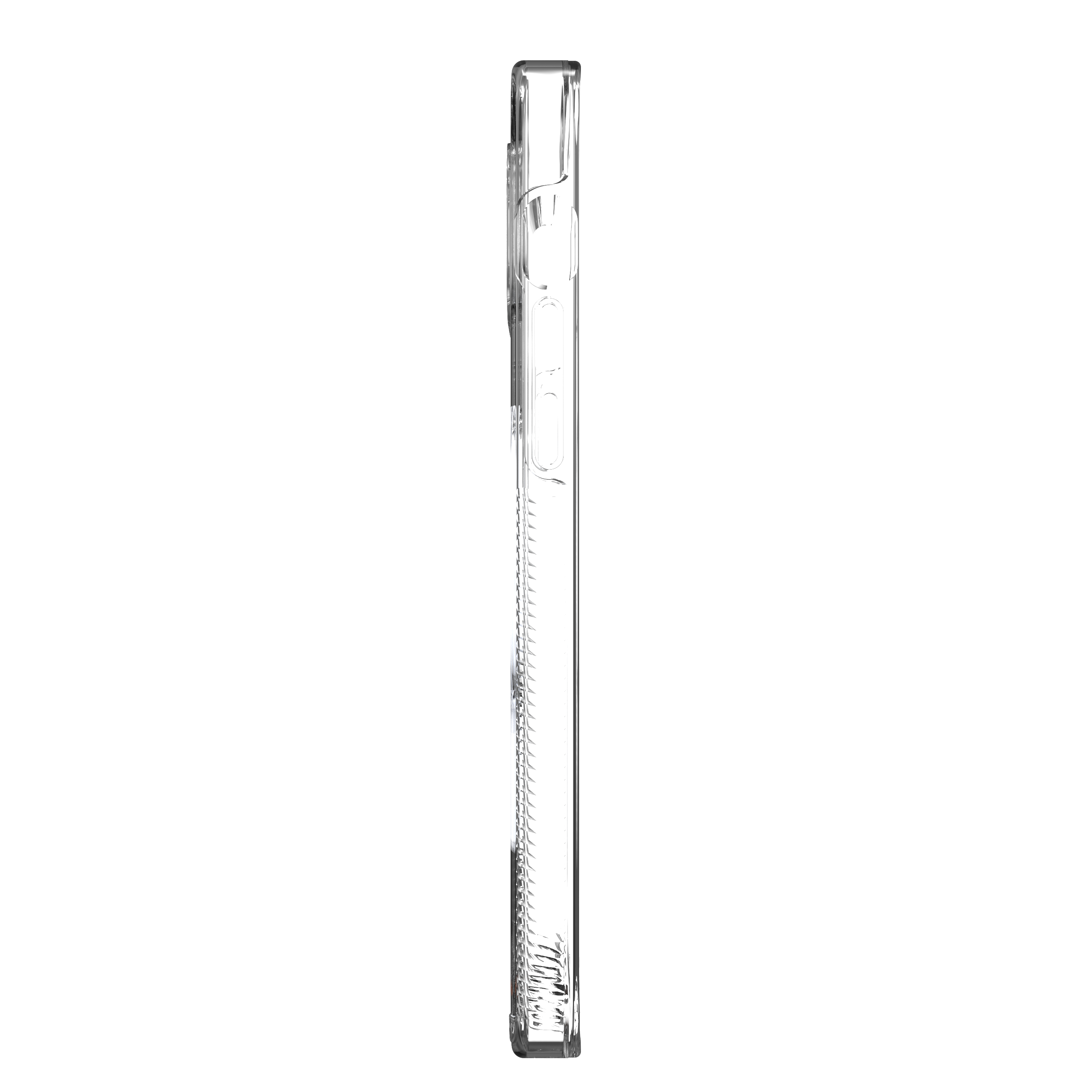 Seitenansicht einer transparenten iPhone-Hülle. Sie befindet sich auf weißem Hintergrund.