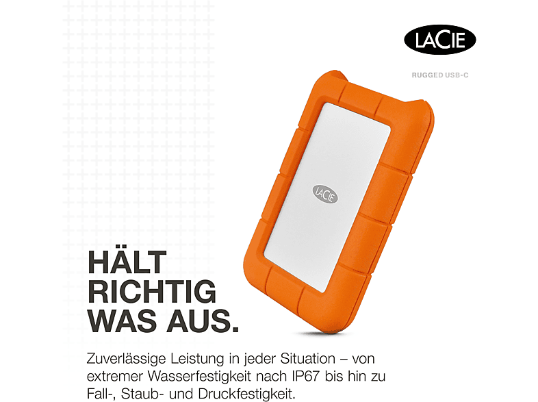 Thumbnail - LACIE Rugged USB-C Festplatte, 2 TB HDD, 2,5 Zoll, extern, Silber/Orange