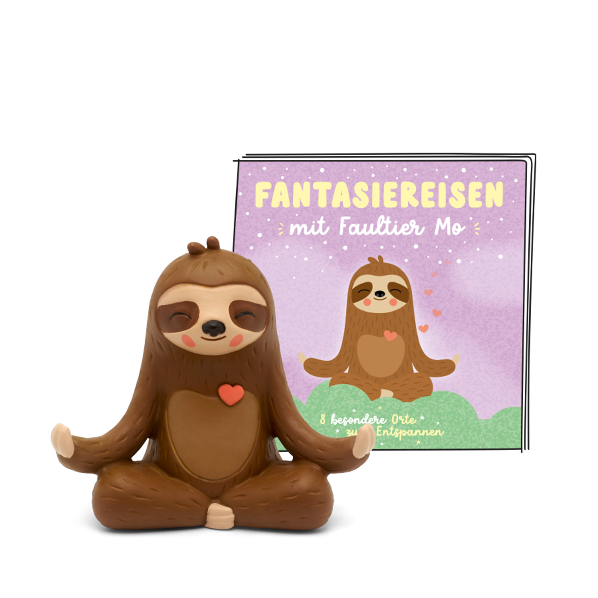 Eine braune Faultierfigur in Yoga-Pose mit einem Buch über Fantasiereisen.