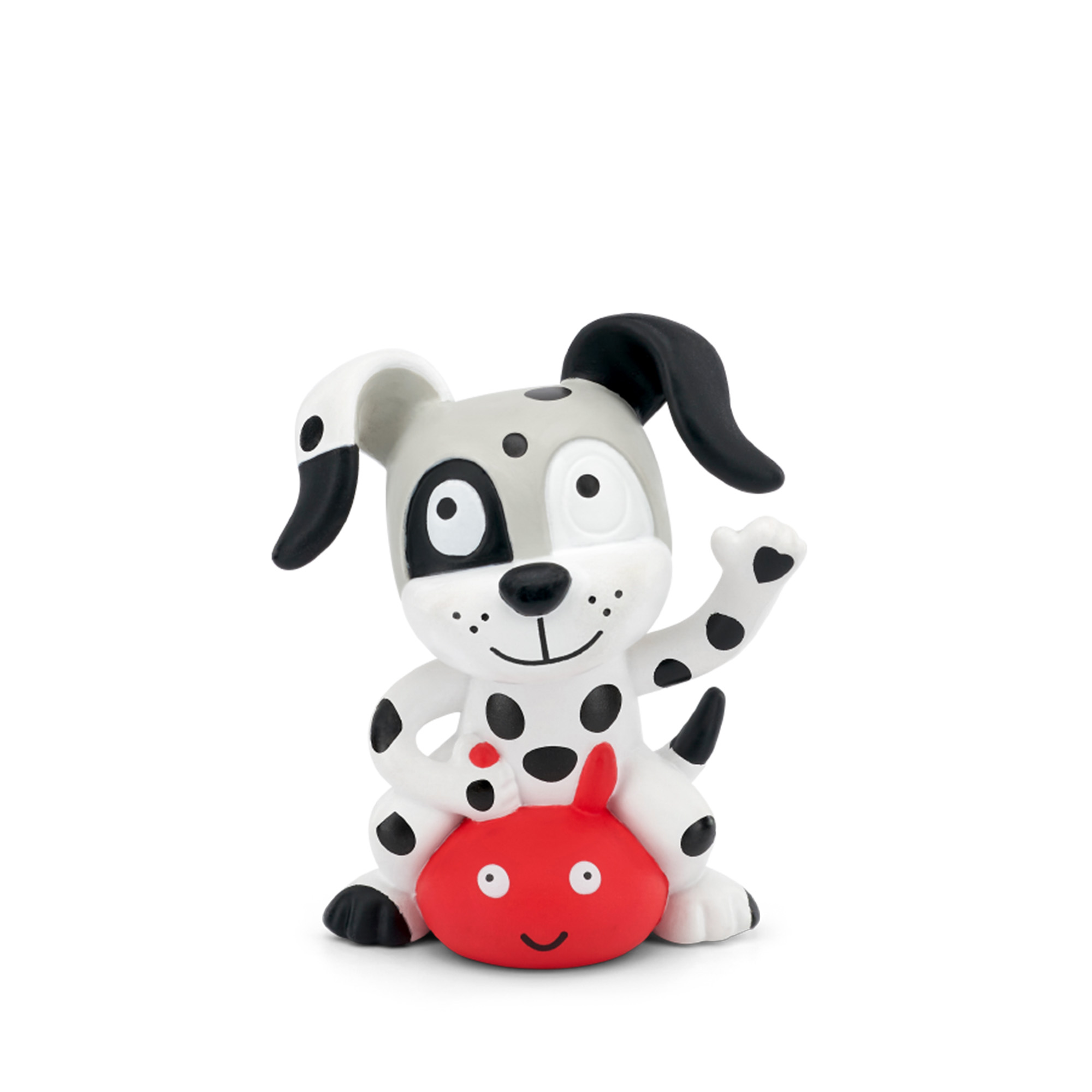 Das Bild zeigt einen Cartoon-Hund, der auf einem roten Marienkäfer sitzt. Der Hund ist schwarz, weiß und grau.
