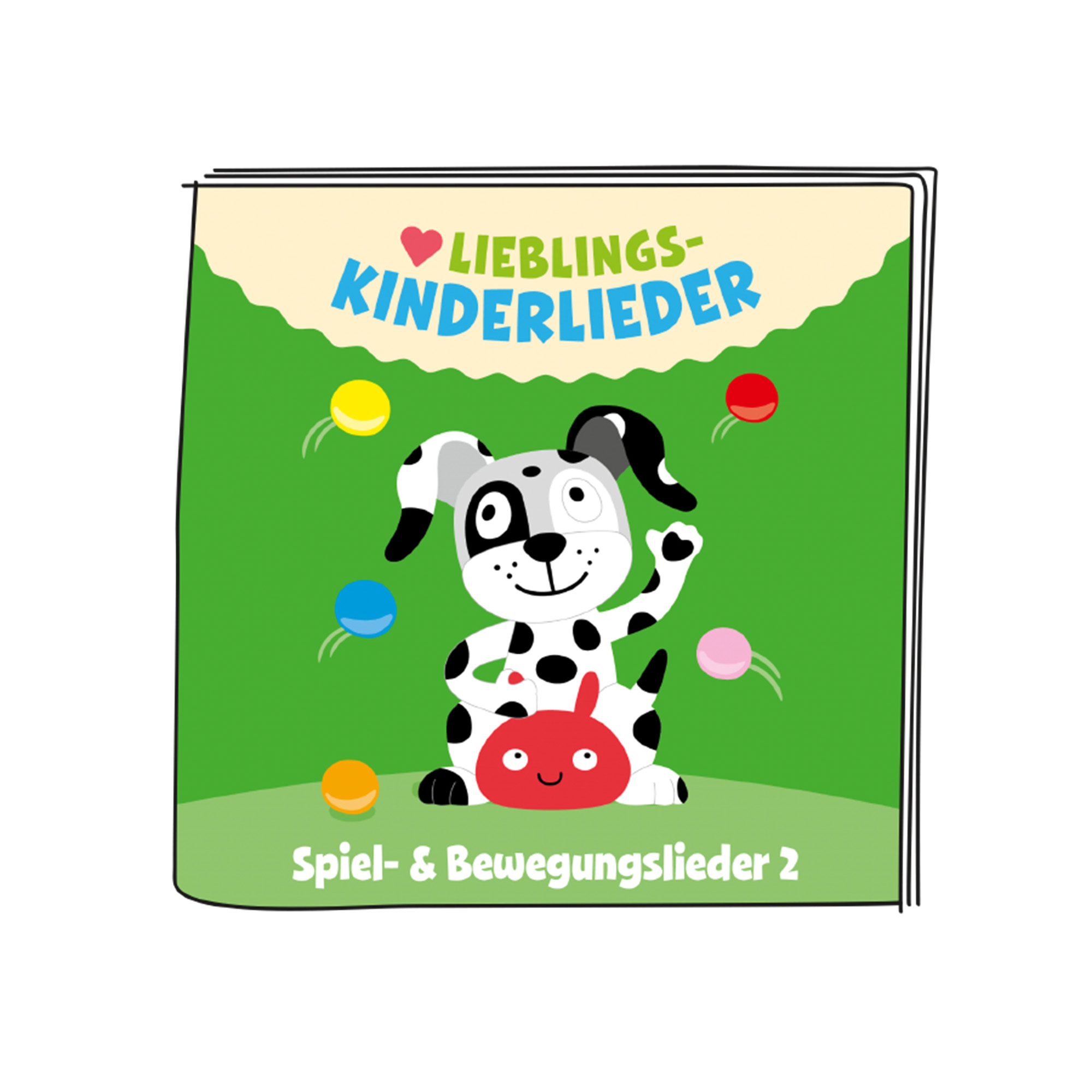 Buchcover mit einem Hund, der Bälle jongliert. Text lautet 'Lieblings Kinderlieder' und 'Spiel- & Bewegungslieder 2'.