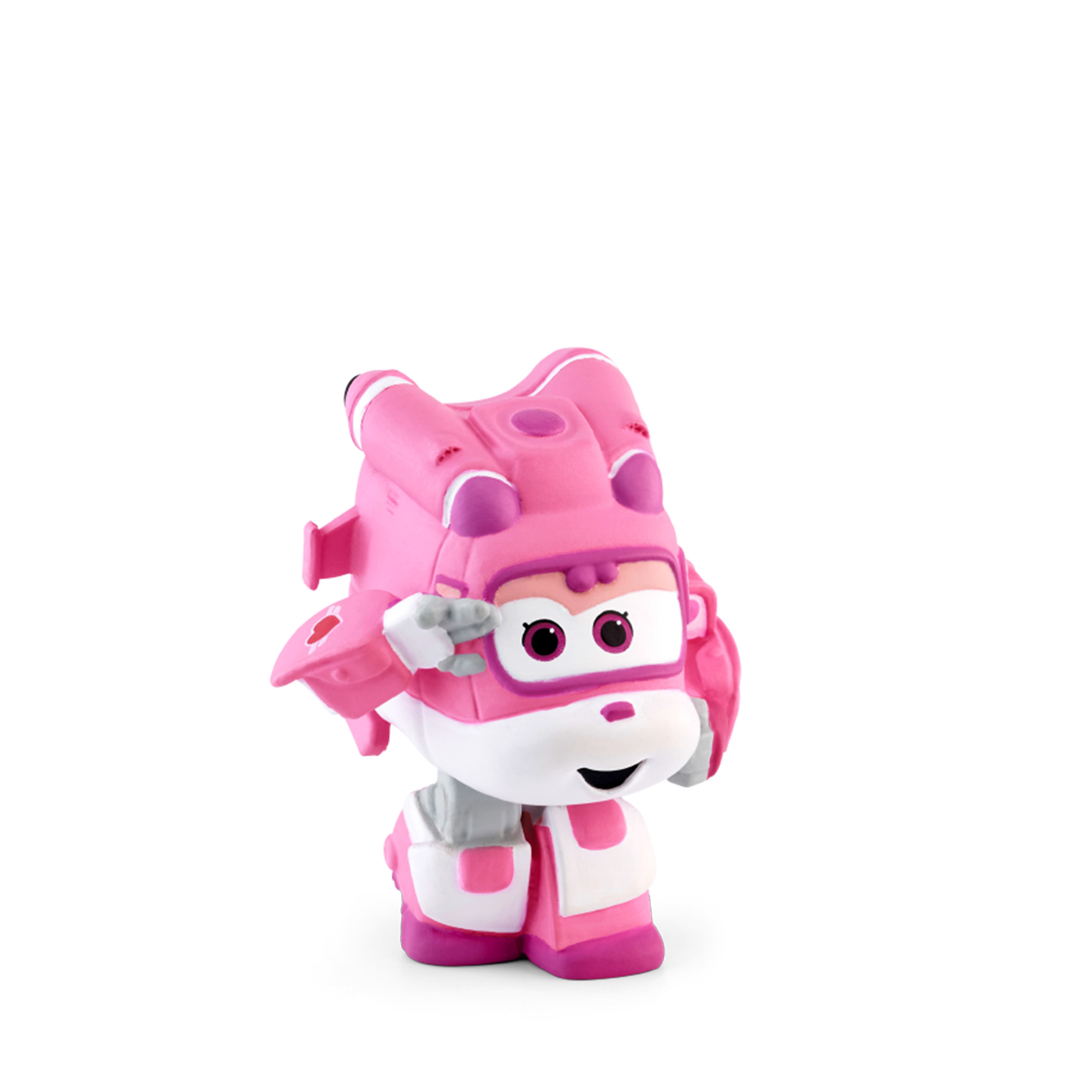 Ein rosa Cartoon-Charakter mit Flügeln und Helm steht lächelnd. Weißer Hintergrund.