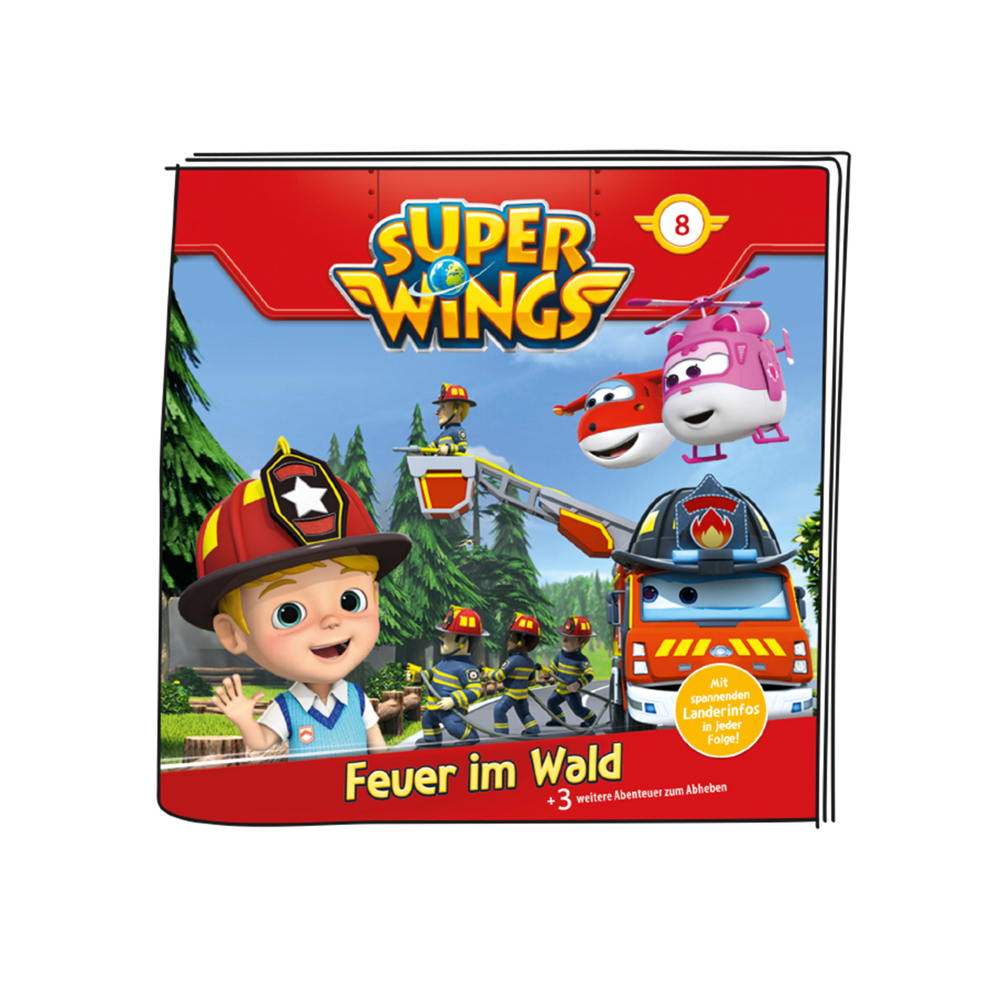 Cover eines Kinderbuchs mit animierten Feuerwehrleuten, einem Jungen und fliegenden Fahrzeugen.