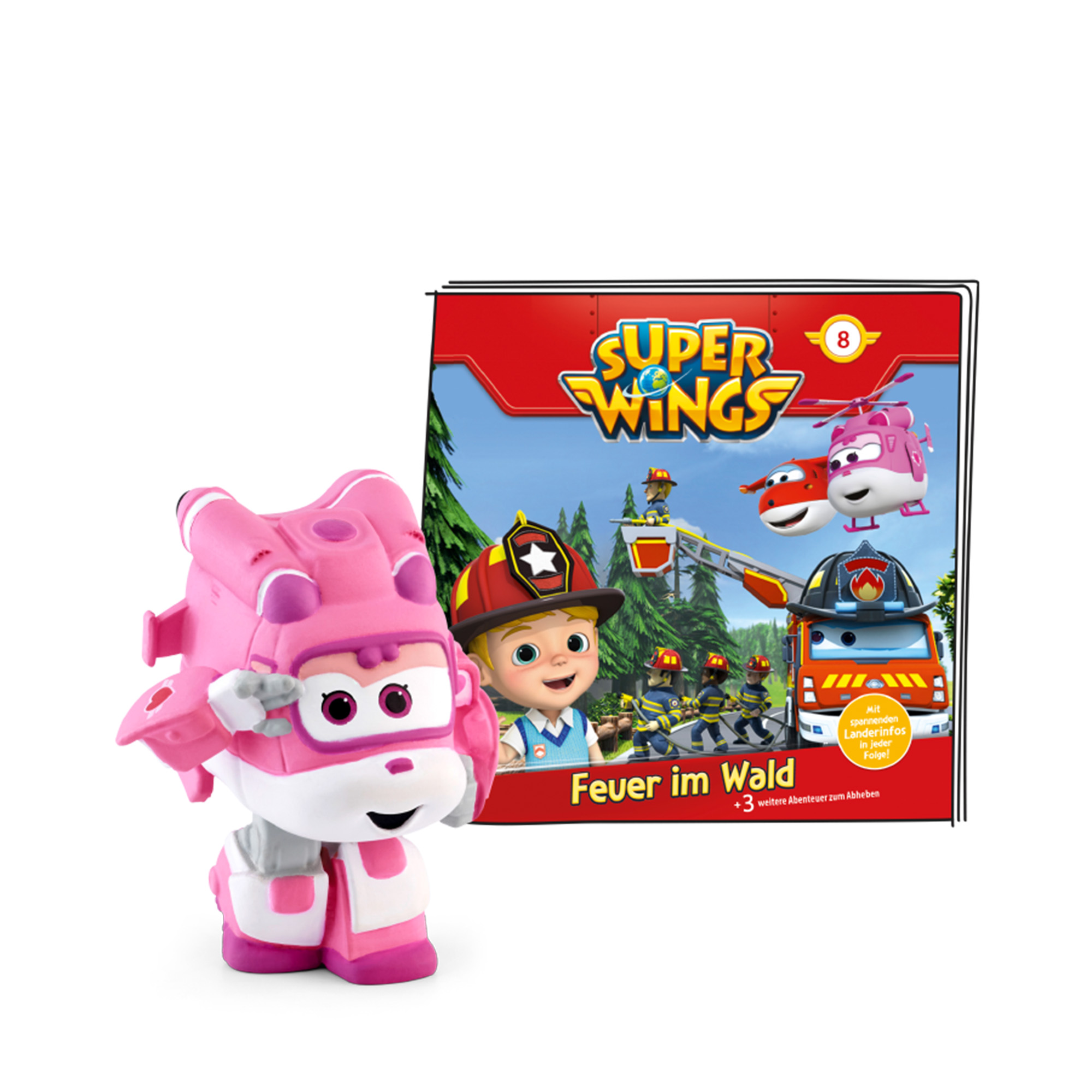 Rosa Super Wings-Charakterspielzeug mit Super Wings-Buchcover.