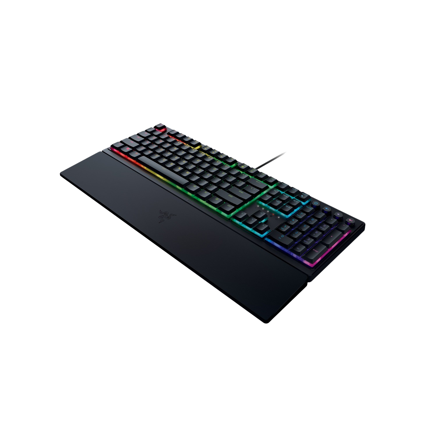 Black keyboard on a black surface with rainbow lighting.