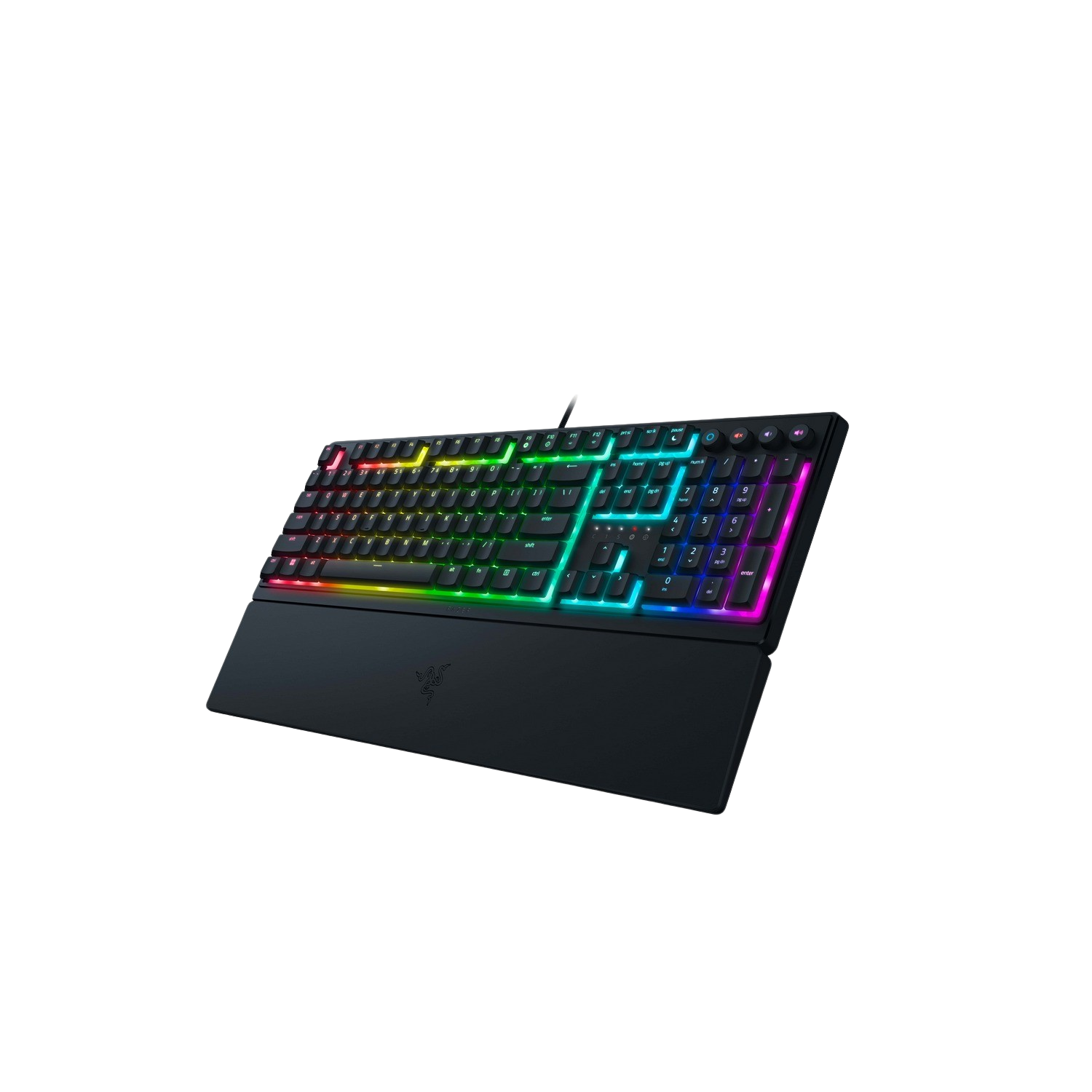 A black keyboard with colorful lights on a black background.