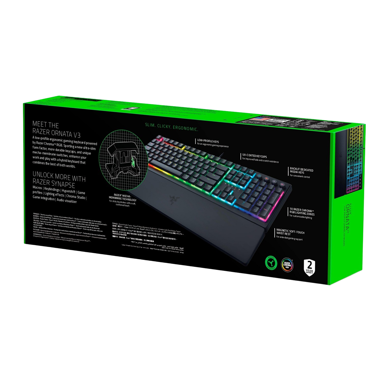 Razer Ornata V3 RGB Low Profile Gaming-toetsenbord met gemechaniseerd membraan (UV-gecoate toetsafdekking, soft-touch magneetpalensteun, 10 Razer Chroma RGB verlichtingszones) IT-Layout