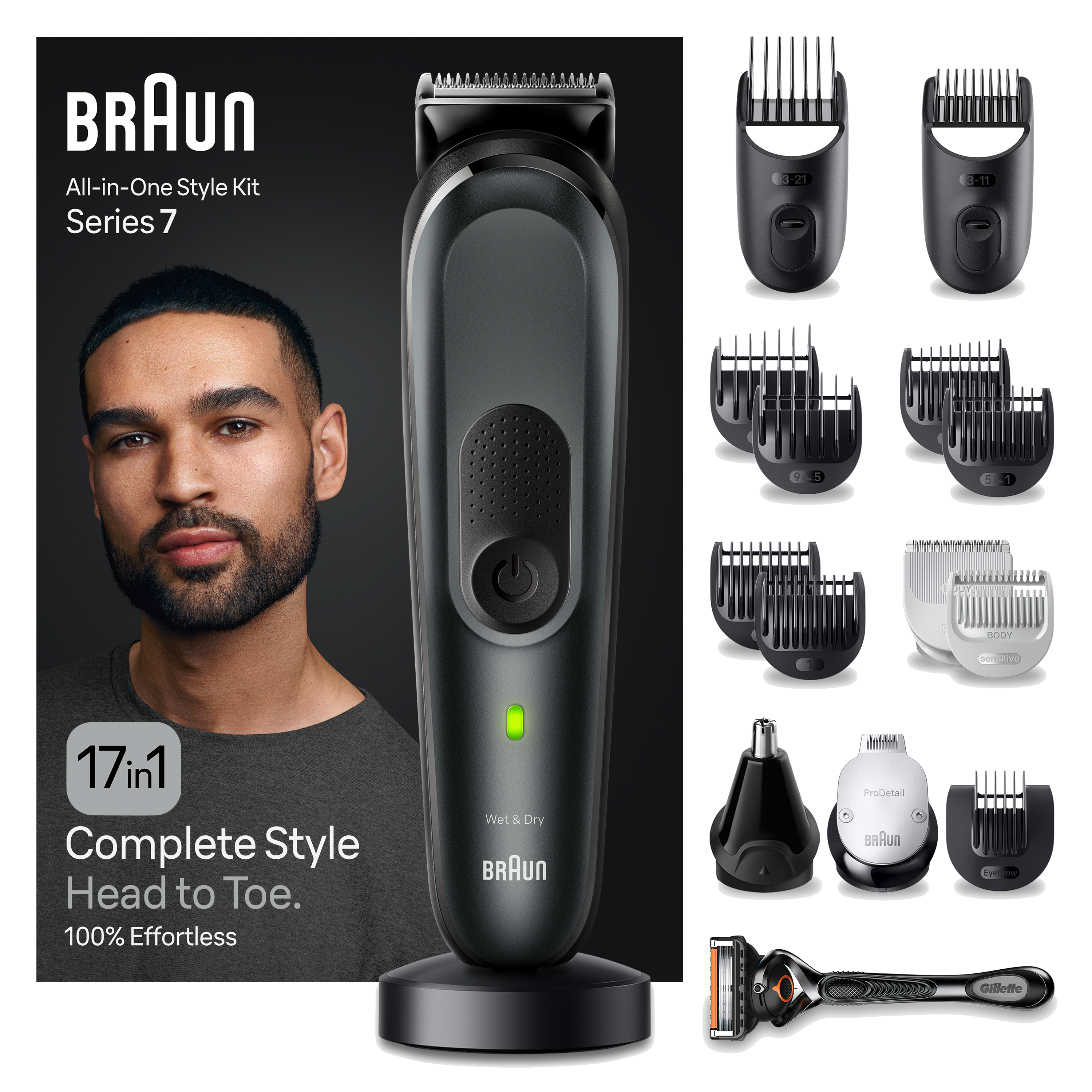 Braun All-in-One Style Kit. Ein Mann mit Bart, ein Trimmer und verschiedene Aufsätze.