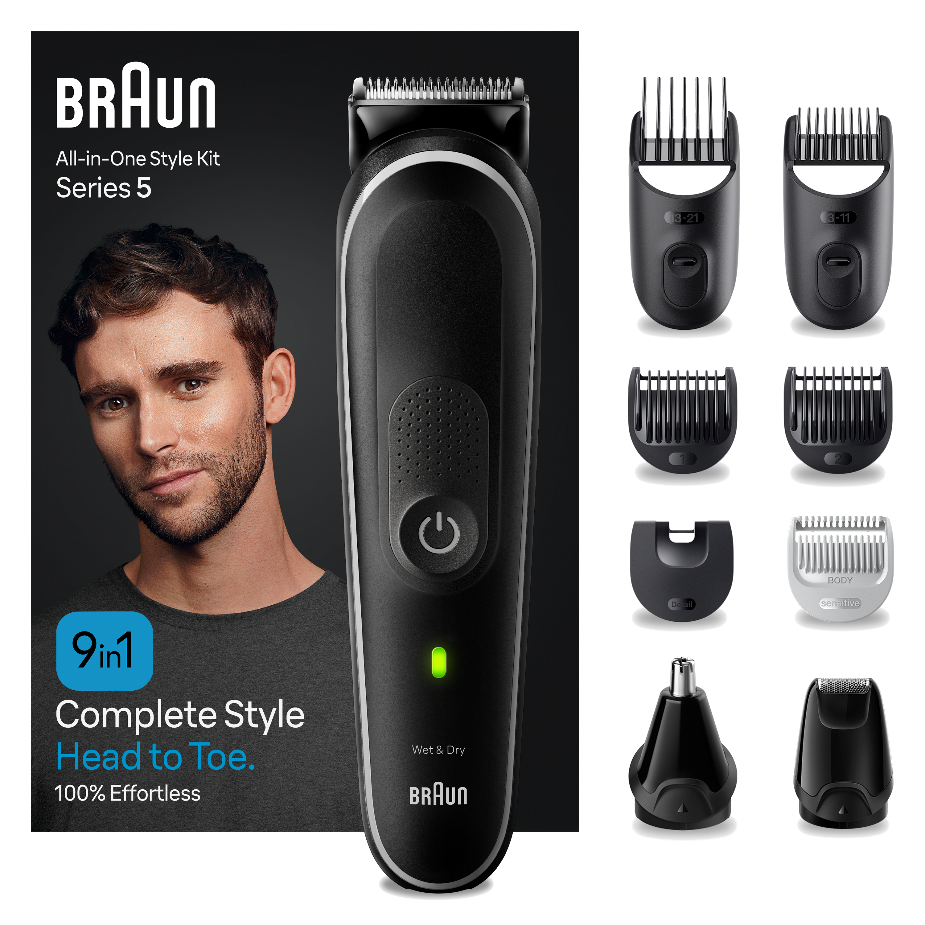 Braun All-in-One-Pflegeset mit Mann, Zubehör und Produktname.