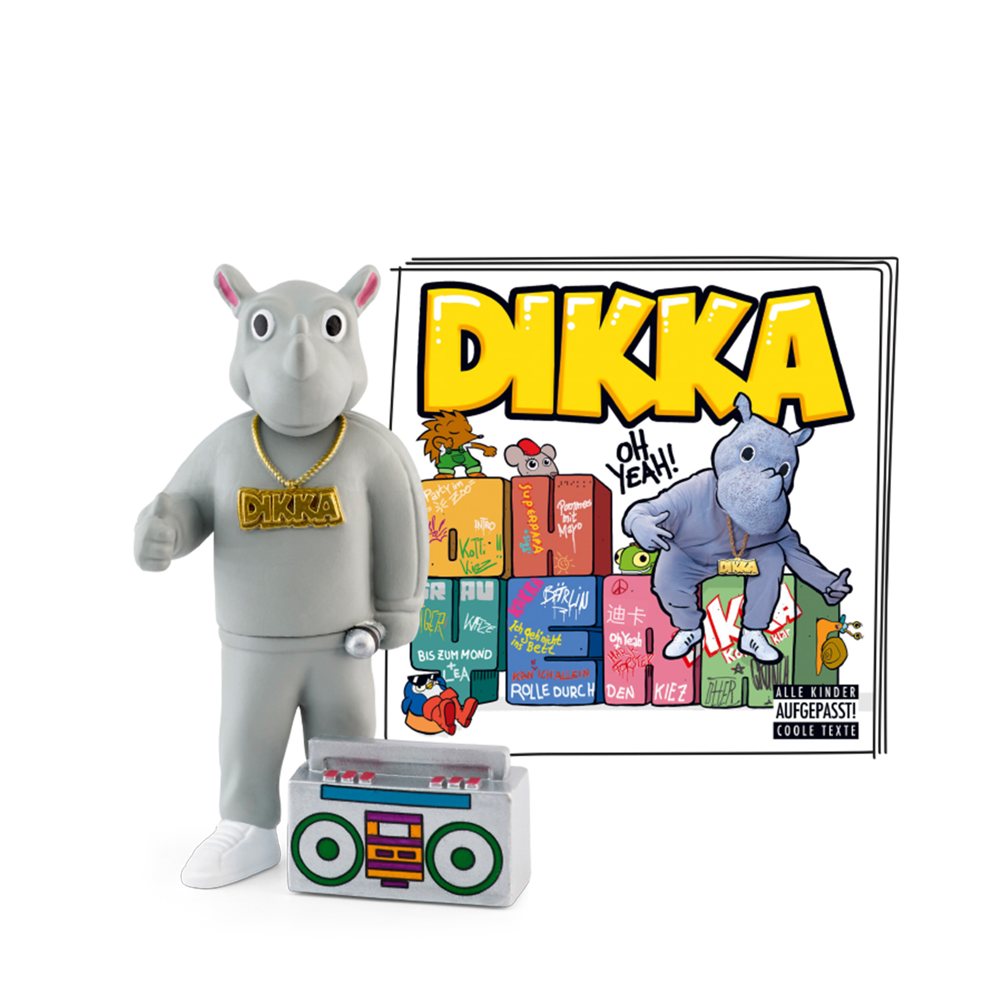 Cartoon-Nashorn-Figur mit Goldkette und Ghettoblaster, neben einem Cartoon-Bild mit einem ähnlichen Nashorn.