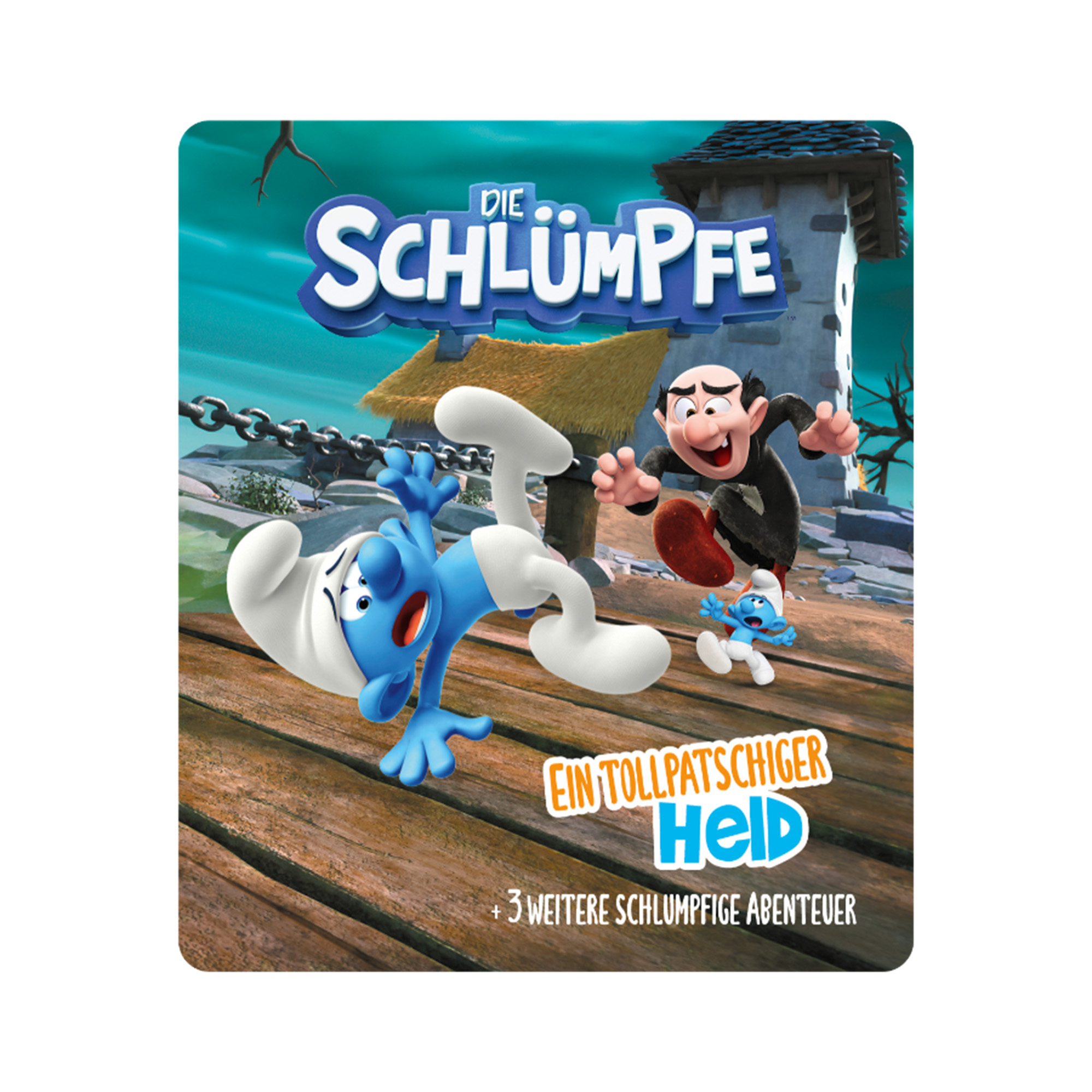 Schlümpfe Filmcover mit Schlumpf, Gargamel und dem Satz 'Ein tollpatschiger Held'.