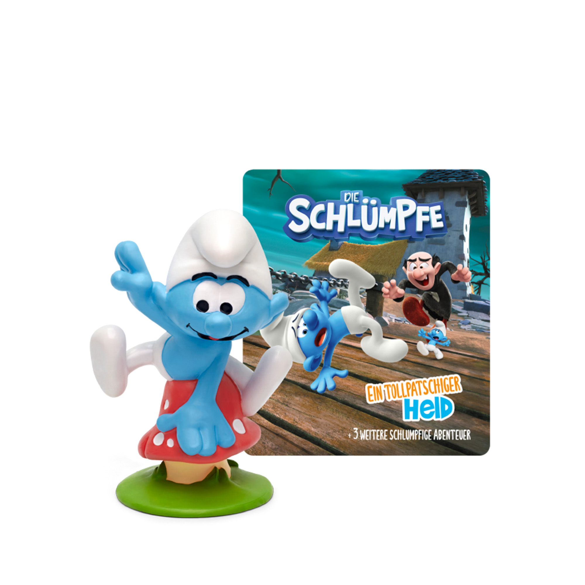 Das Bild zeigt eine Schlumpf-Spielzeugfigur mit einem Comic-Cover im Hintergrund.