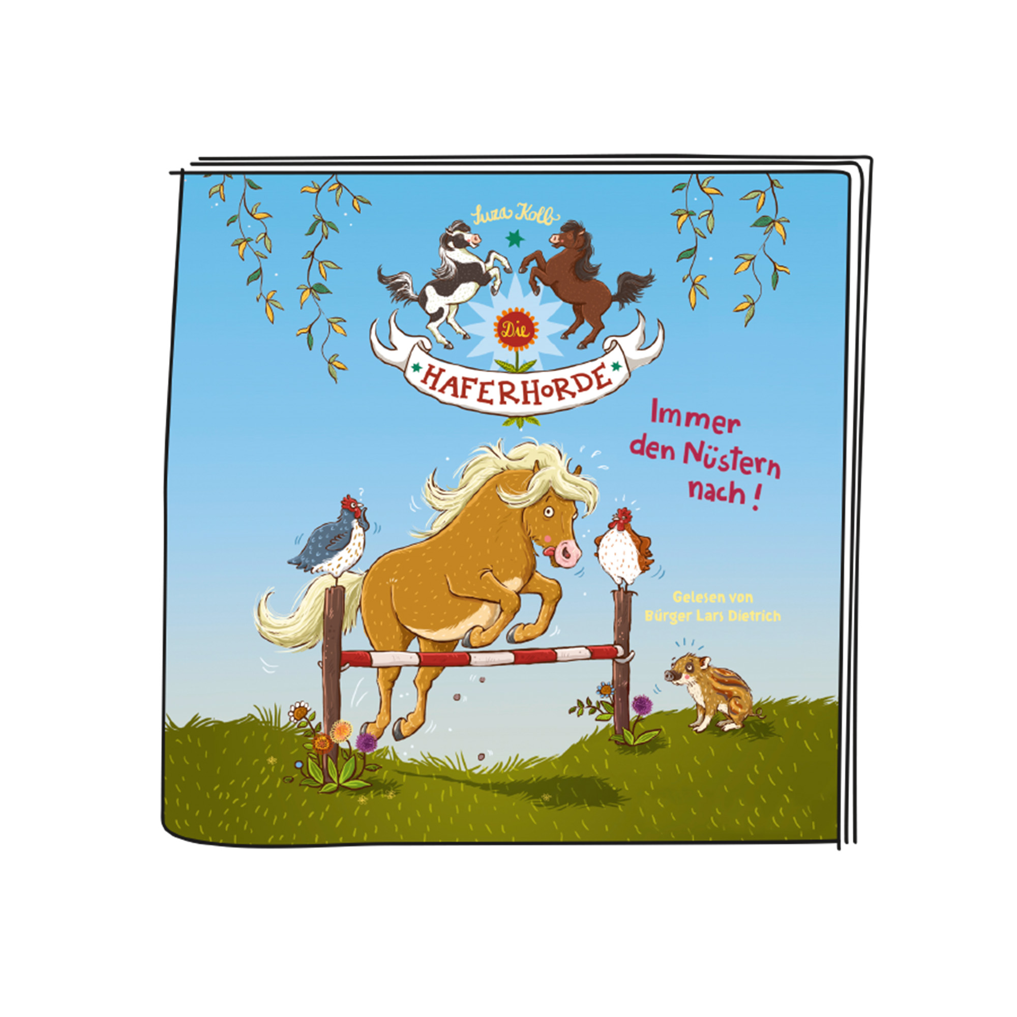 Ein Comic-Buchcover mit einem Pferd, Hühnern und einem Sprung.