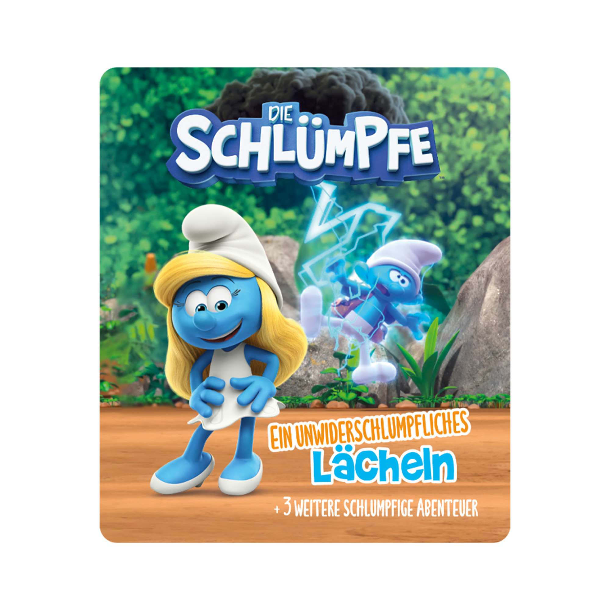 Schlumpfine und ein Schlumpf auf einem Buchcover. Blauer Hintergrund mit Blitz und Logo.