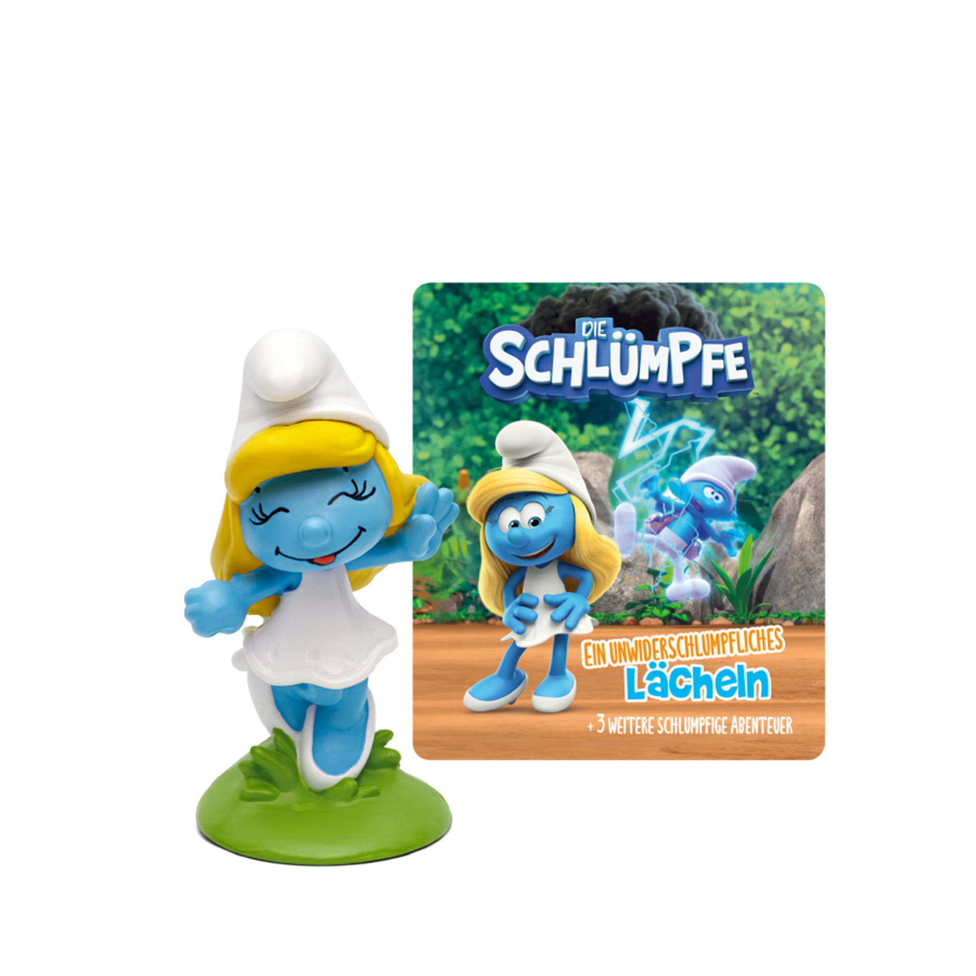 Eine Smurfette-Figur neben einem Filmcover mit Text auf Deutsch.