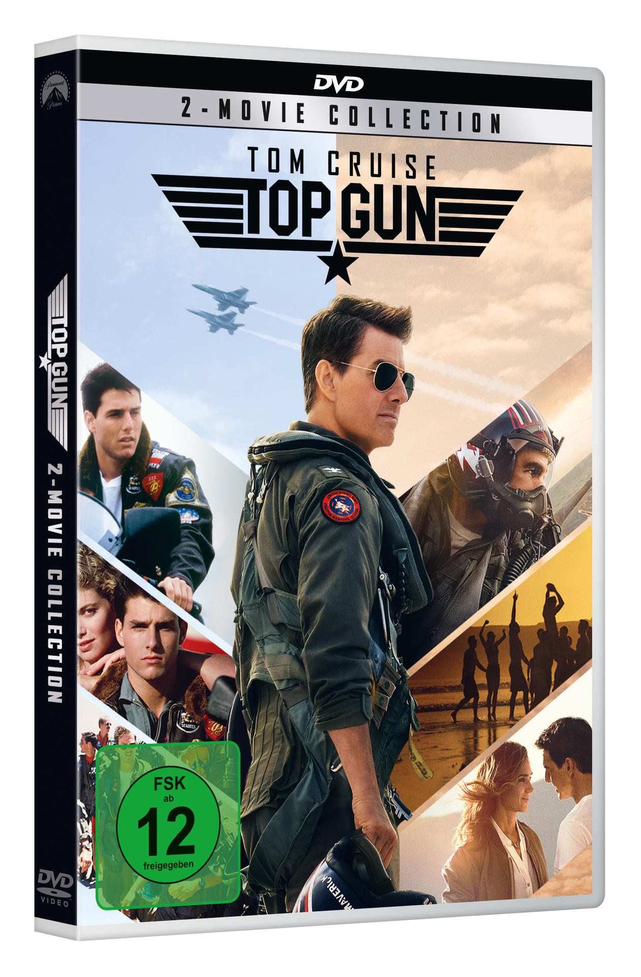 DVD-Hülle von Top Gun 2-Movie Collection mit Tom Cruise auf dem Cover. Es gibt Bilder von Flugzeugen.