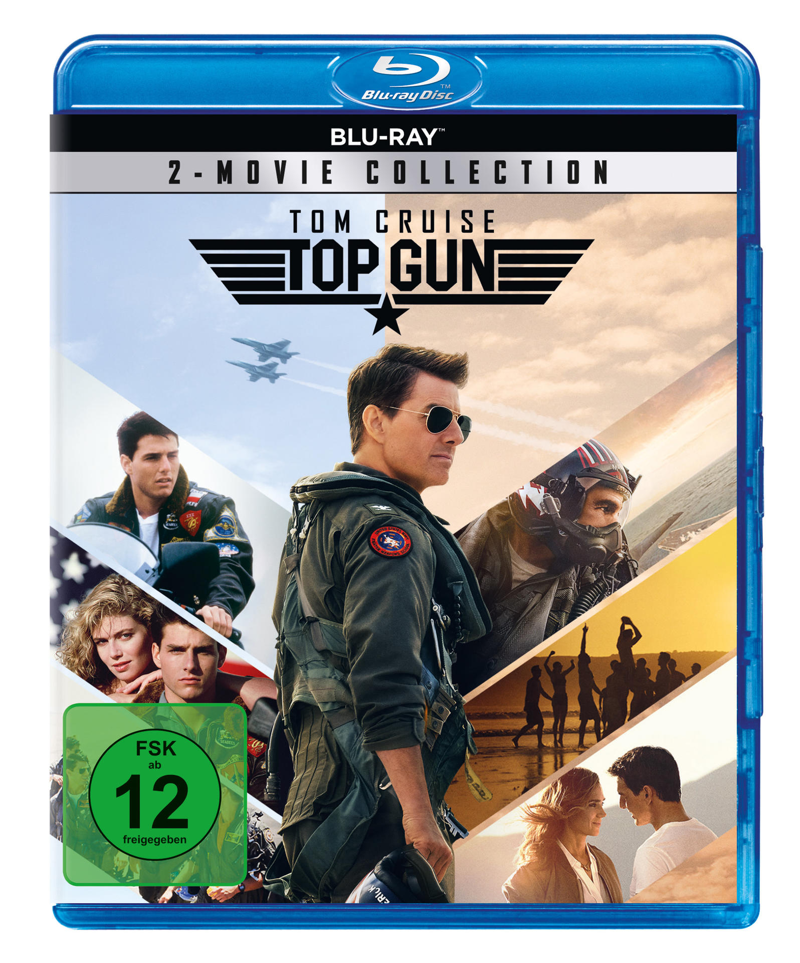 Blu-ray-Cover für Top Gun 2-Movie Collection. Tom Cruise steht im Mittelpunkt, im Hintergrund fliegen Jets.