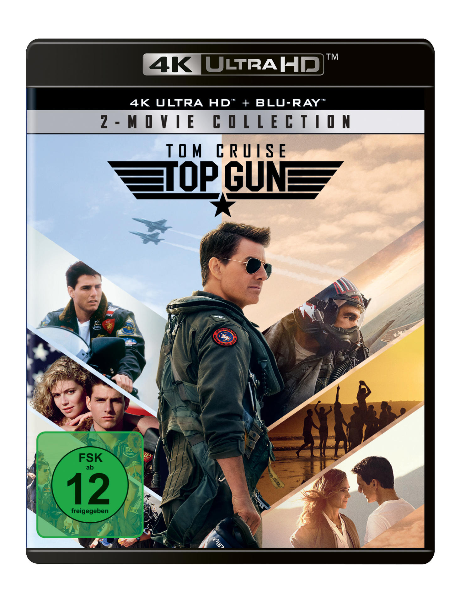 Filmcover mit Tom Cruise. Enthält den Titel "Top Gun" und Bilder von Kampfflugzeugen und Schauspielern.