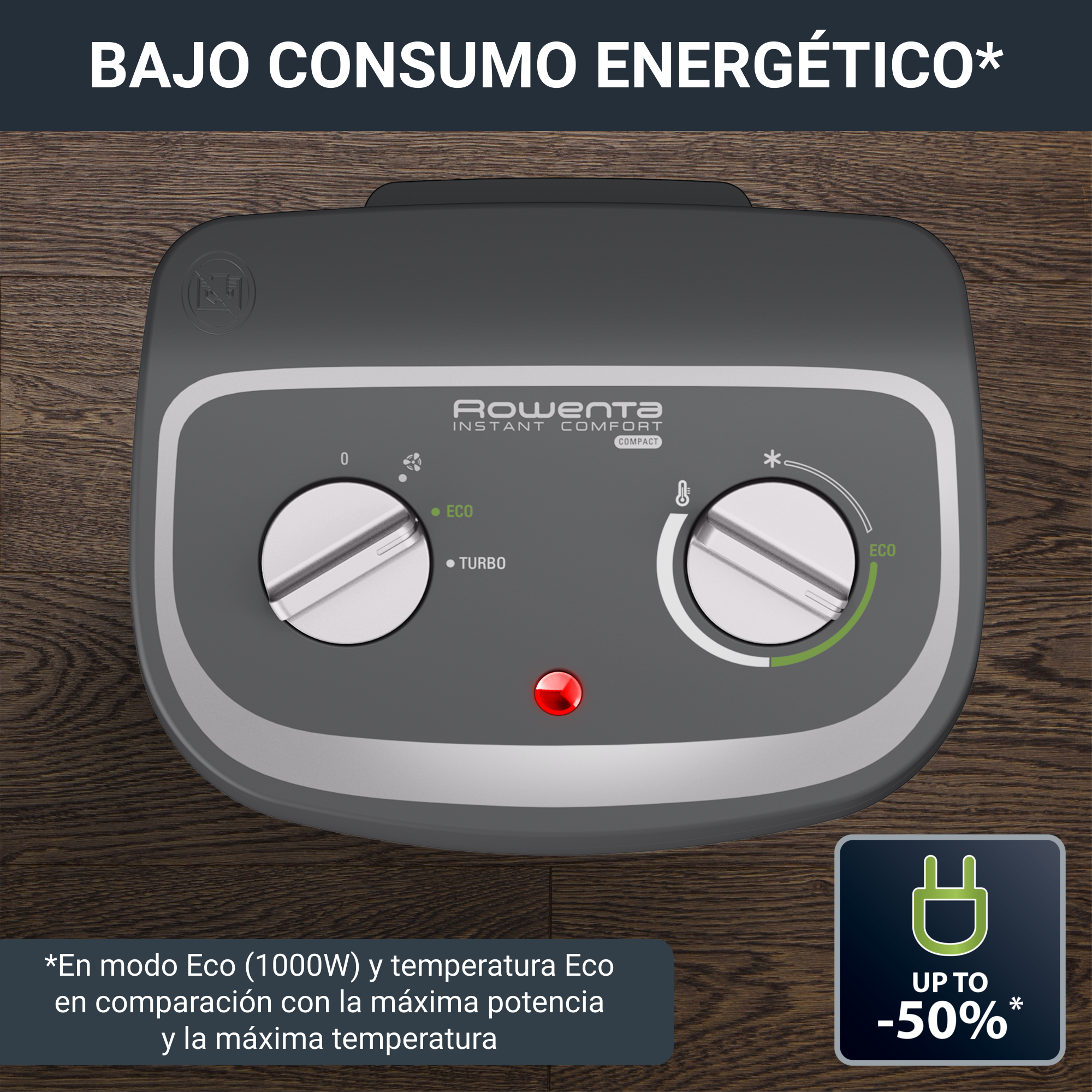 Vista superior de un calefactor Rowenta con diales e indicador rojo sobre piso de madera.