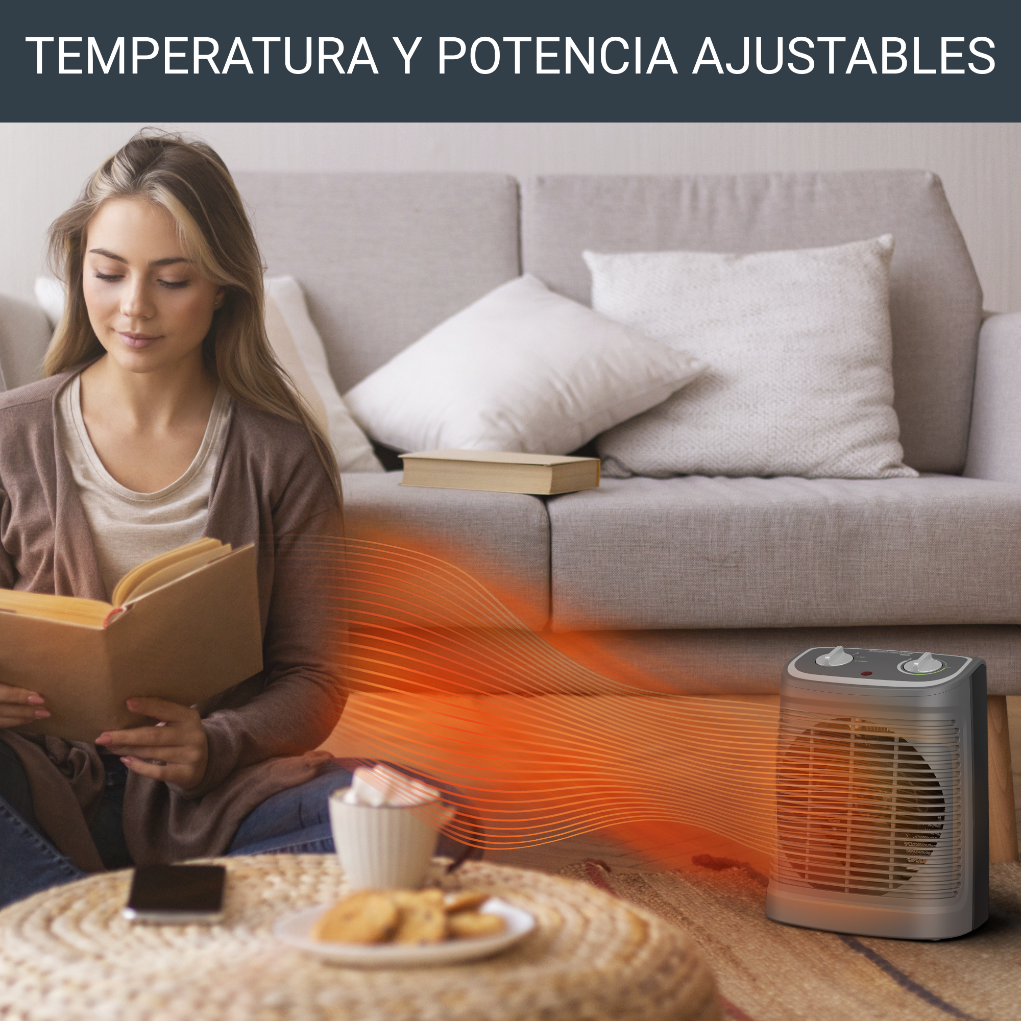 Una mujer leyendo un libro cerca de un calentador con ondas de calor naranjas, con galletas y una bebida.