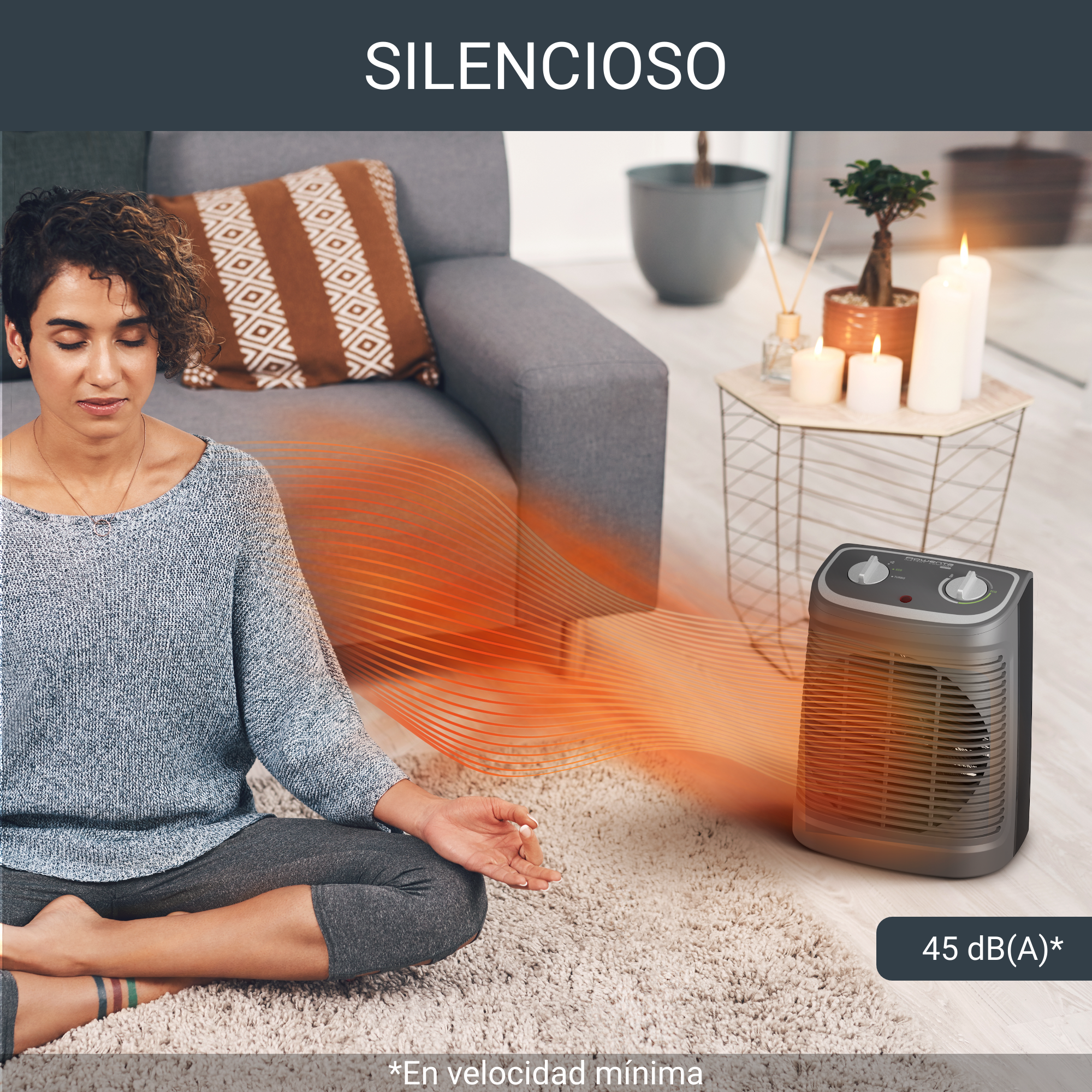 Mujer meditando cerca de un calefactor silencioso con ondas de calor naranja.