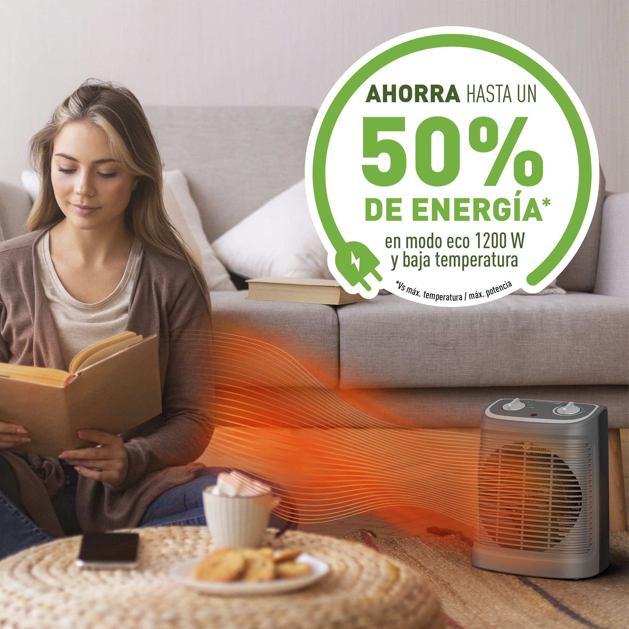 Mujer lee libro cerca de un calefactor, mostrando ondas de calor. Texto: Ahorra hasta un 50% de energía en modo eco.