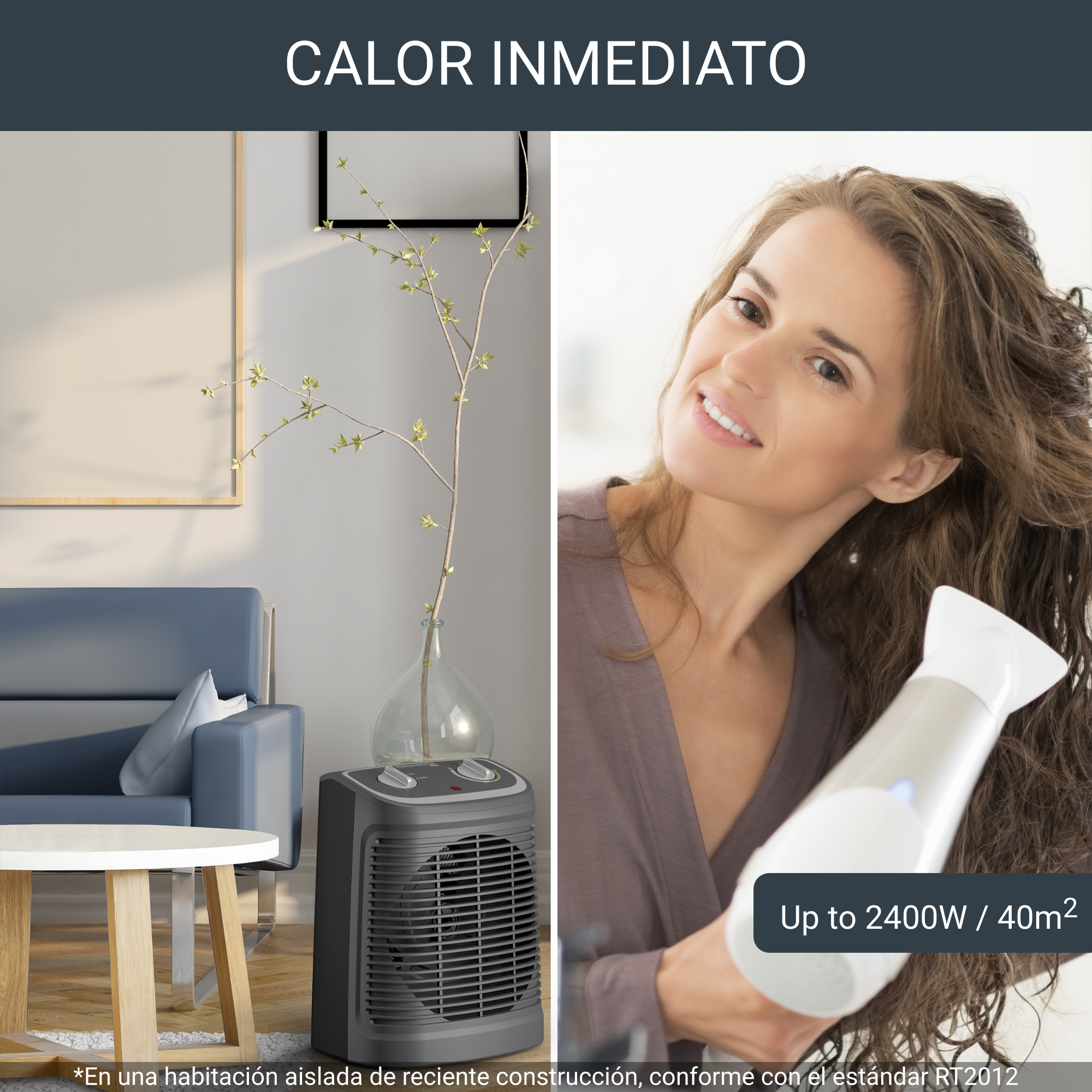 Mujer con secador de pelo. Un calefactor y un jarrón con planta al fondo.