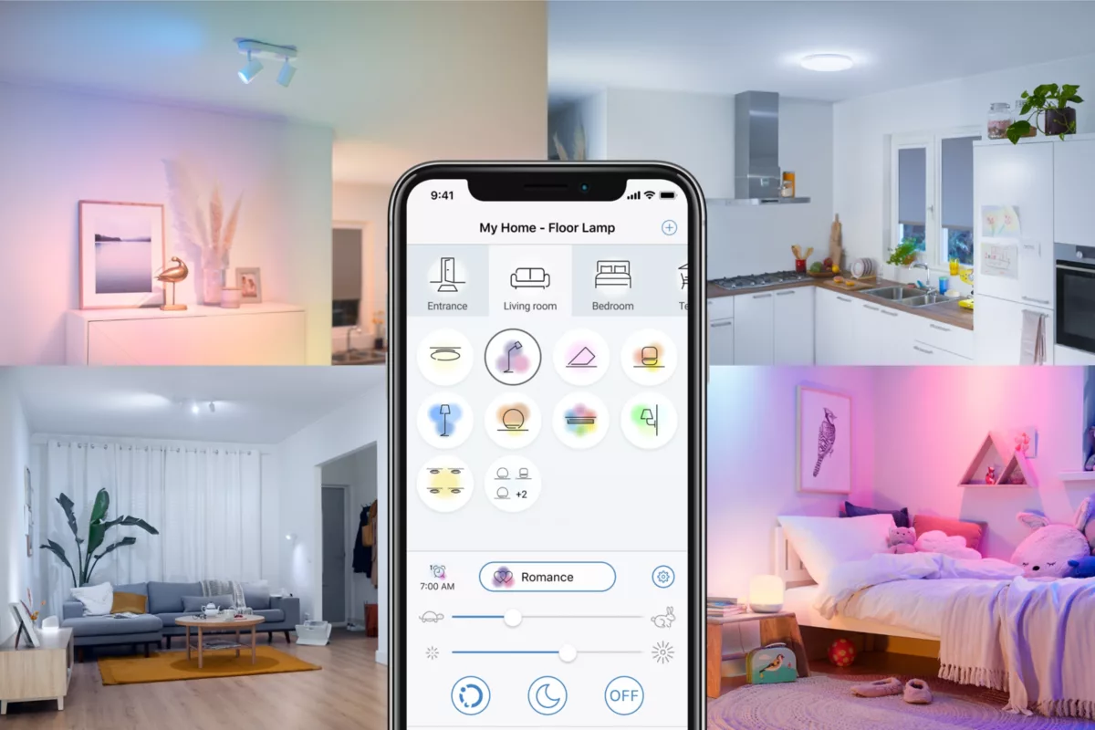 Múltiples habitaciones con luces inteligentes y una pantalla de teléfono.