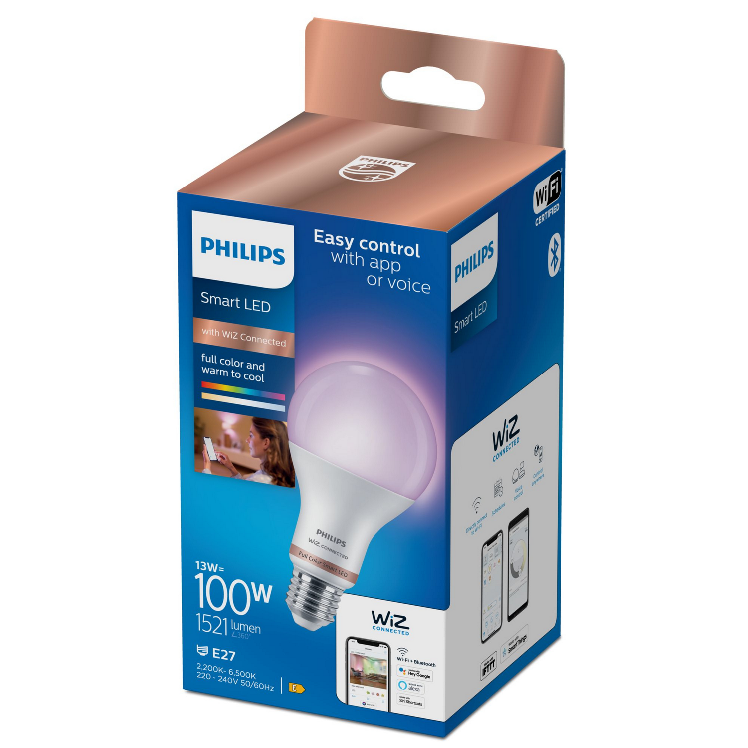 Bombilla Philips Smart LED en una caja, muestra a una mujer usando un teléfono.
