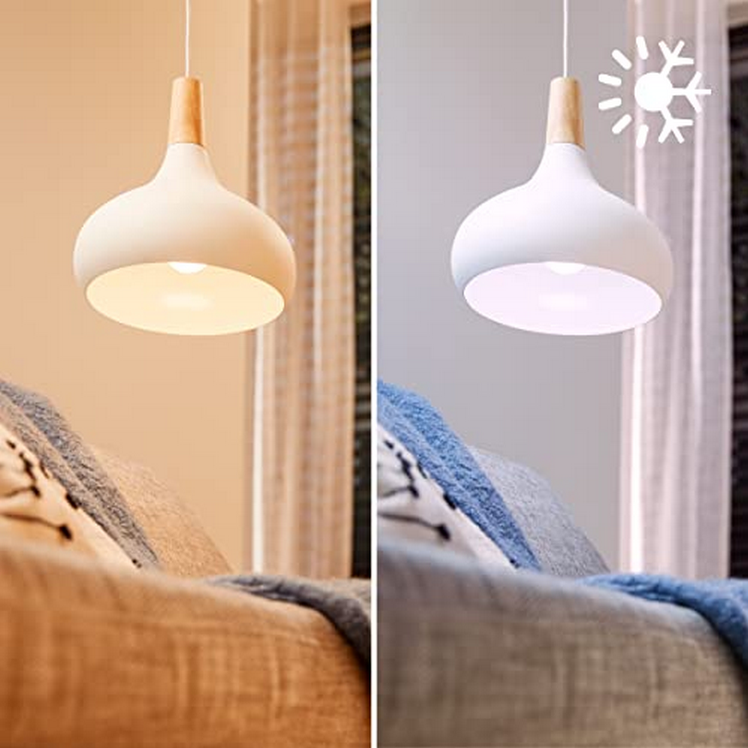 Dos lámparas, una con luz cálida y otra con luz fría. Las luces son blancas.