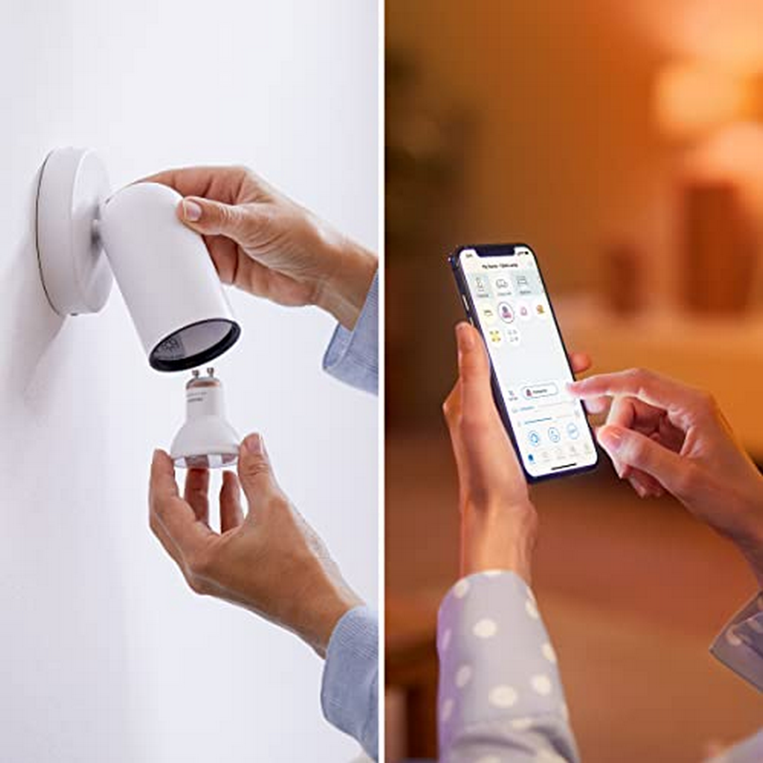 Manos instalando una bombilla en un accesorio blanco montado en la pared y usando un teléfono.