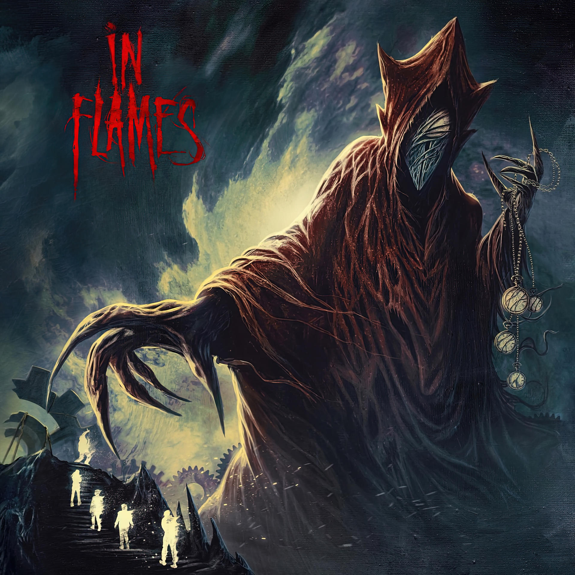 Album borító. Köntösös alak láncolt homokórával. Sötét, fantasy jelenet. 'In Flames' logó.