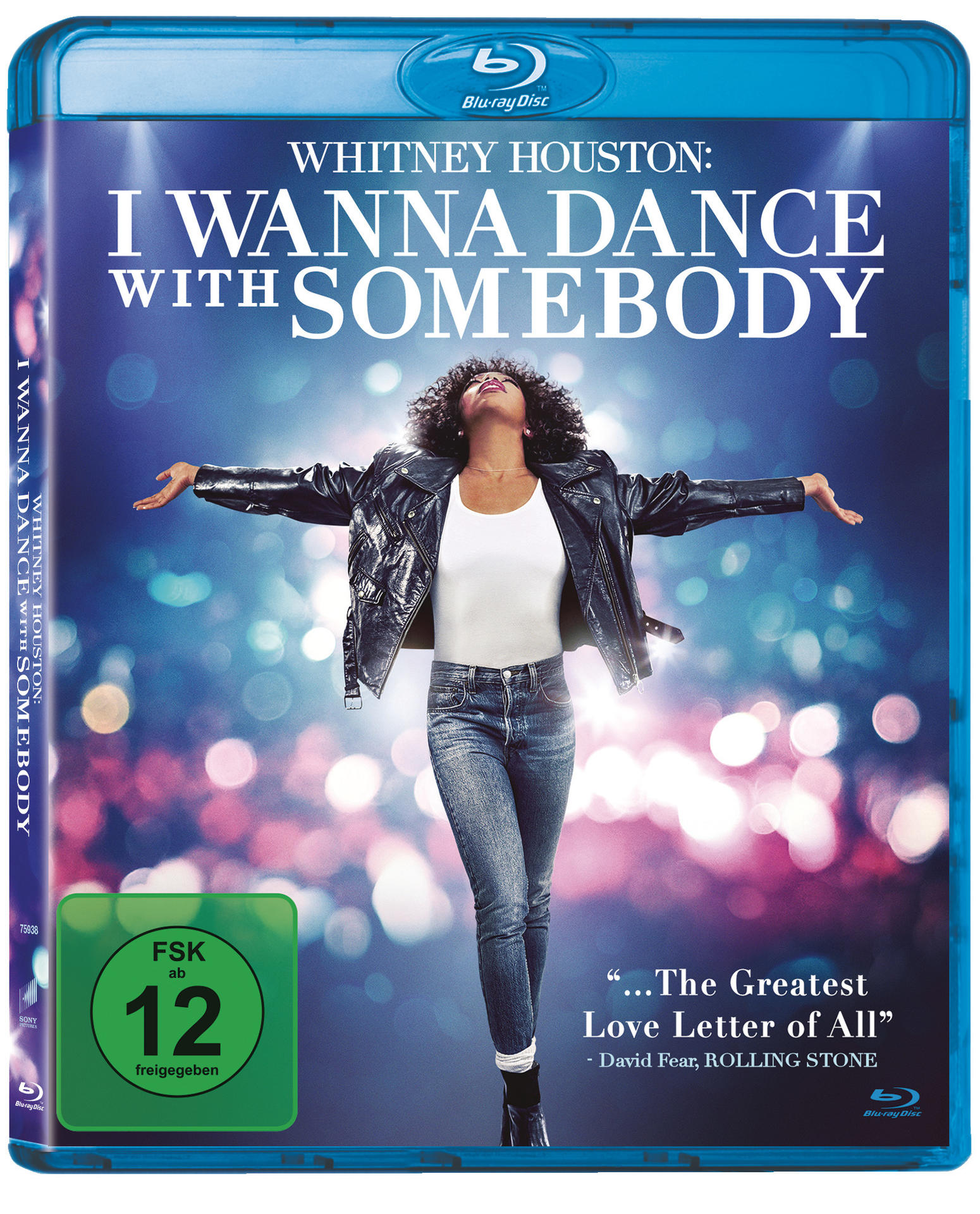 Blu-ray-Cover für "Whitney Houston: I Wanna Dance with Somebody". Houston in Lederjacke, Jeans, Arme ausgestreckt.
