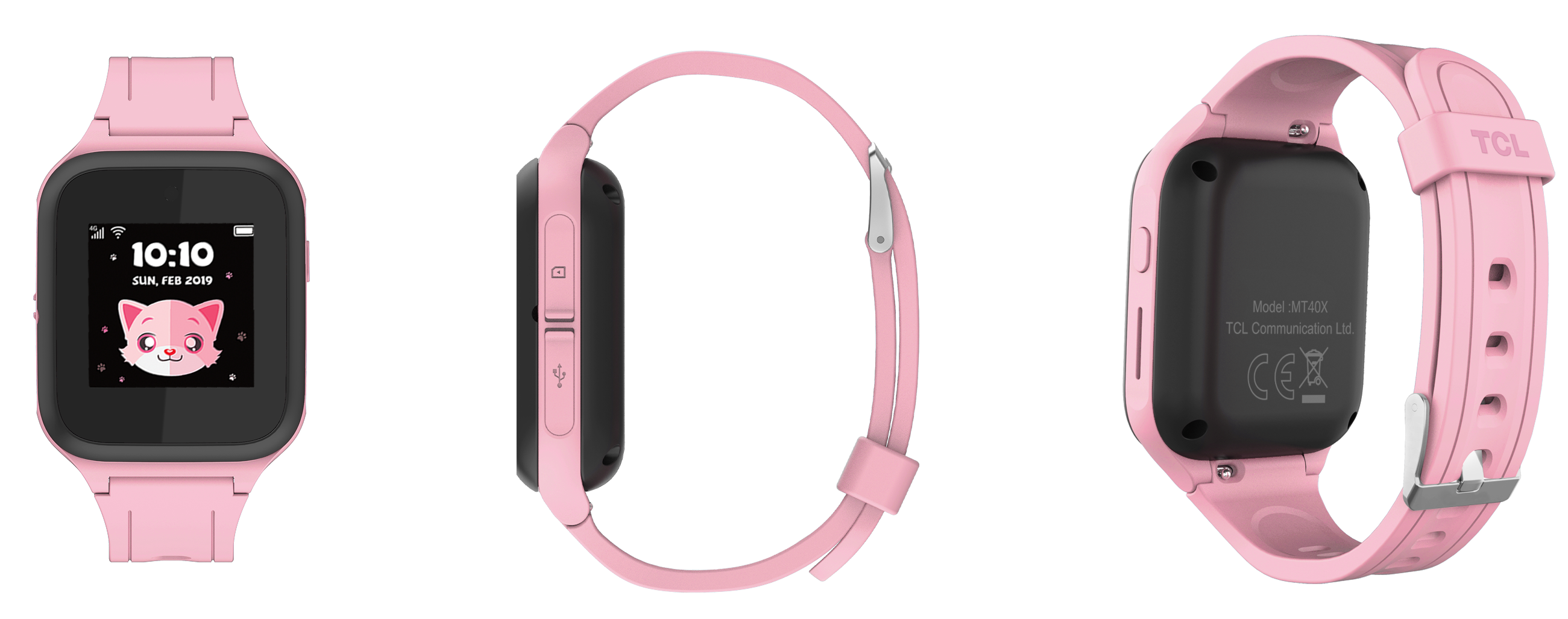 Pembe TCL akıllı saat ön, yan ve arka görünümleri. Ekranda çizgi kedi var.