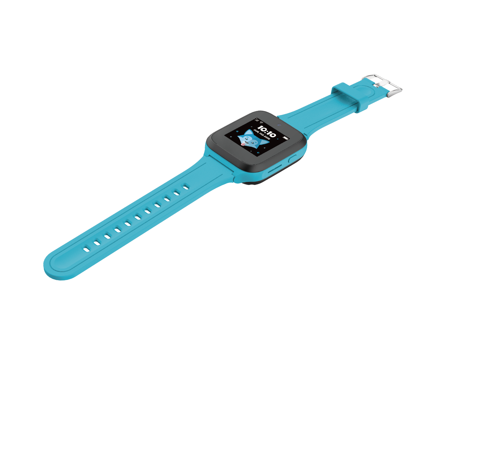 Siyah bir arka plan üzerinde turkuaz bir akıllı saat. Çizgi film karakteri gösteren bir ekranı var.