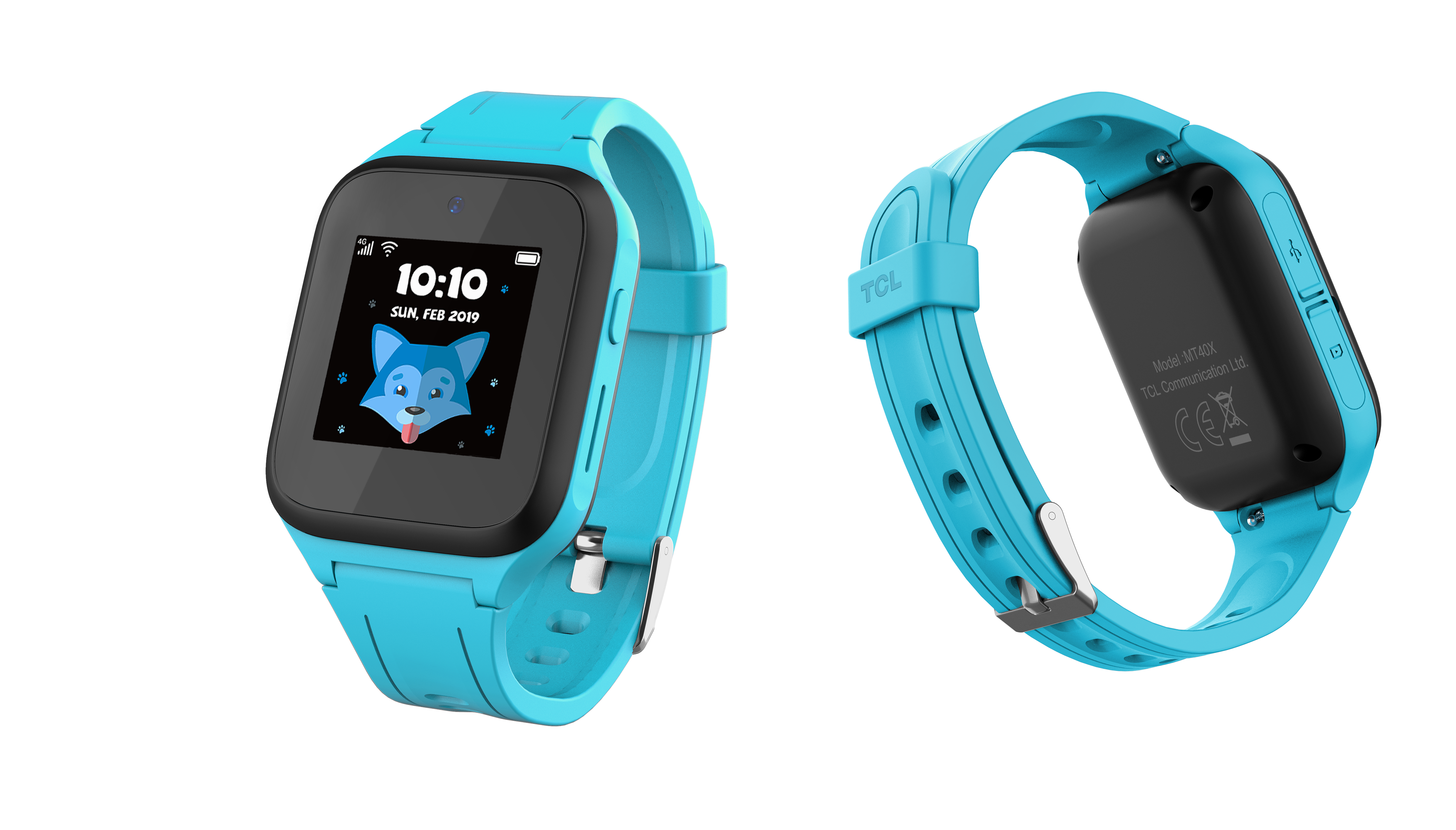 İki turkuaz akıllı saat. Biri çizgi film köpek yüzü ve saati gösterir. Diğeri arkasını gösterir.