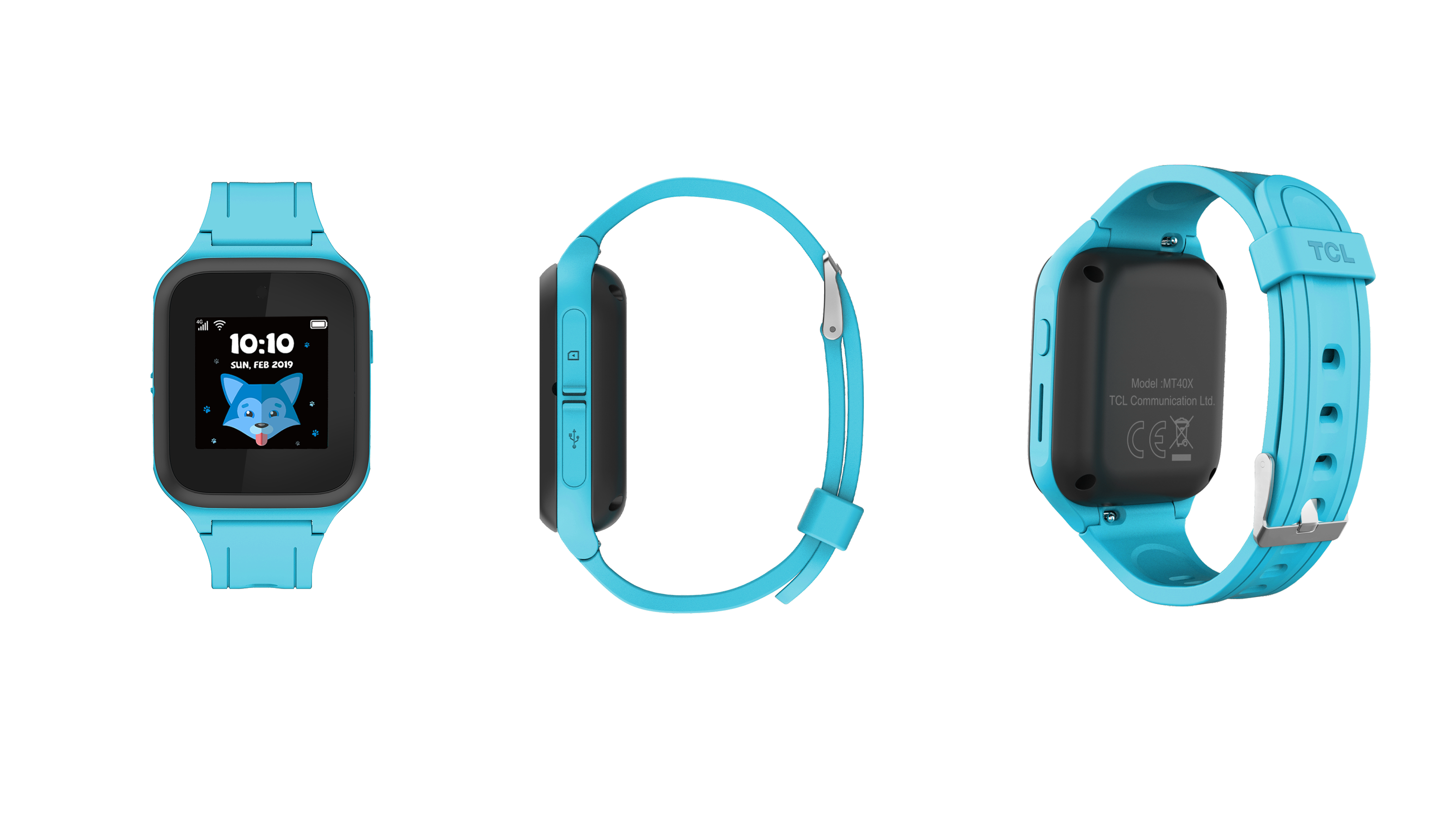 Mavi bir akıllı saatin üç görünümü, ön, yan ve arka. Ekran bir tilki gösteriyor.