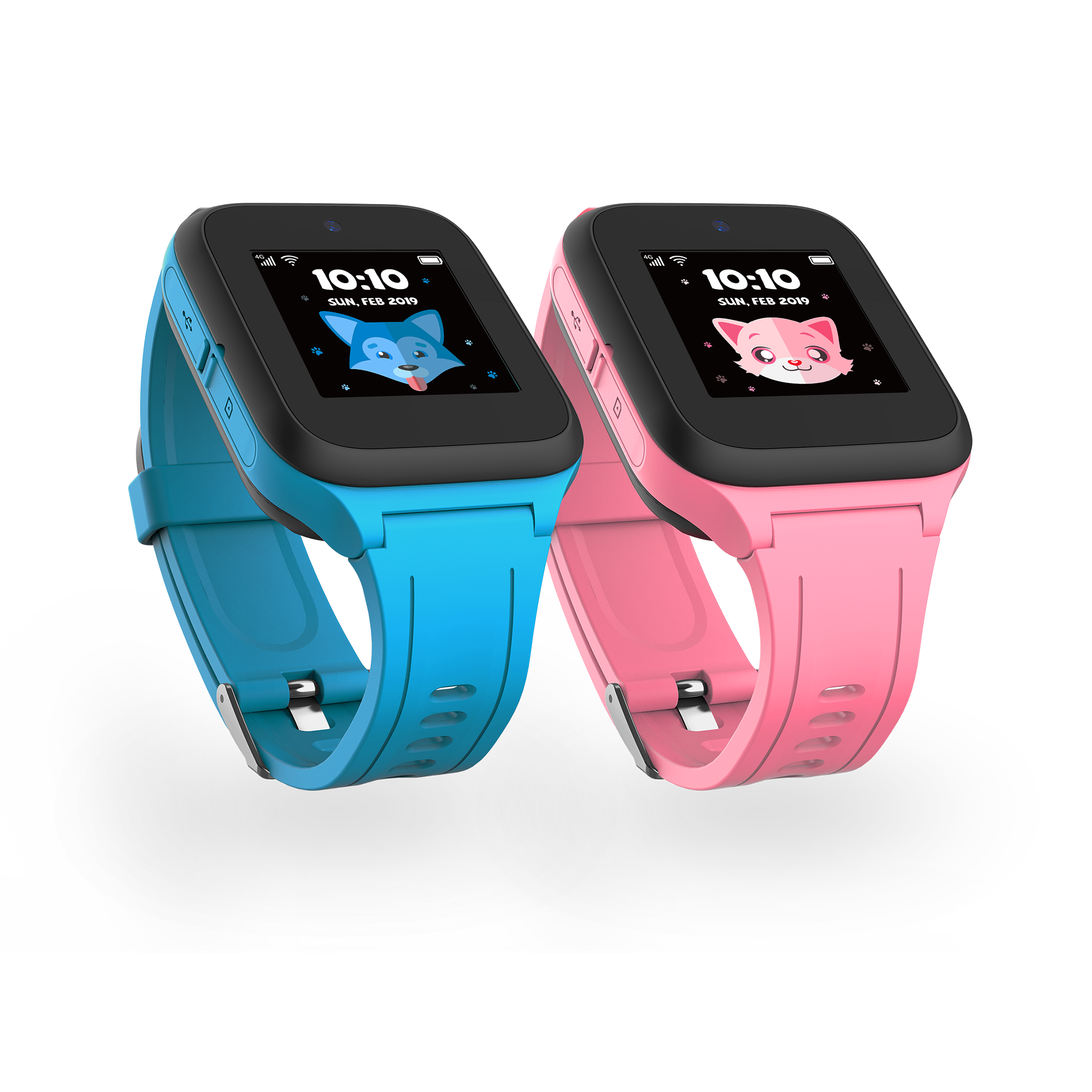 Çizgi film yüzlü iki akıllı saat. Bir mavi kayış, bir pembe. Her ikisi de 10:10'u gösteriyor.