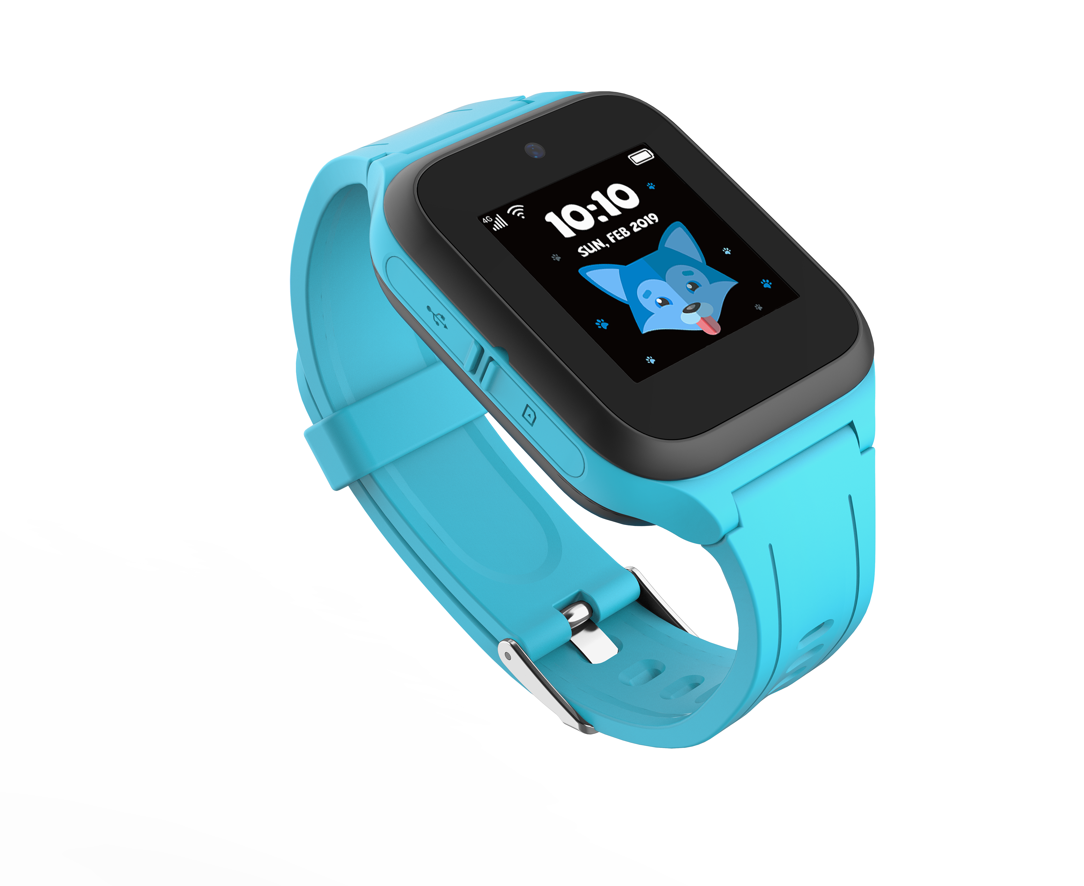 Zamanı ve tilkiyi gösteren ekranlı mavi akıllı saat.