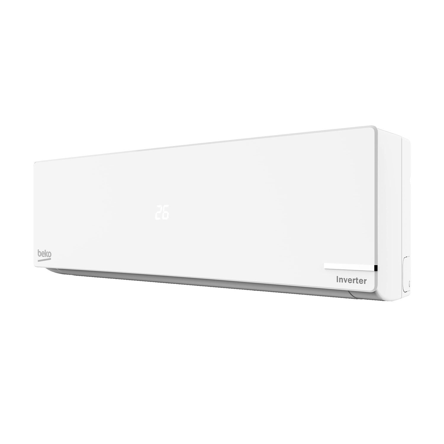 Condizionatore Beko bianco su sfondo bianco, con il numero 26 visualizzato sull'unità.